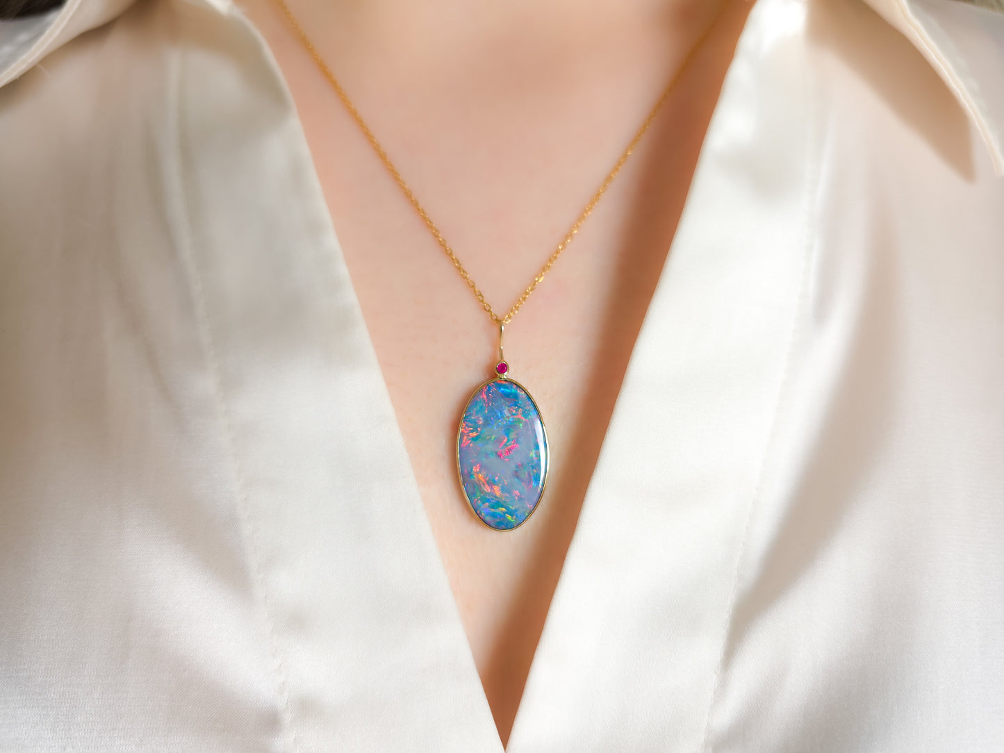 BLOOM | 14K Gold Ruby Opal doublet necklace/ pink firey opal/ Australian opal / Coober Pedy opal