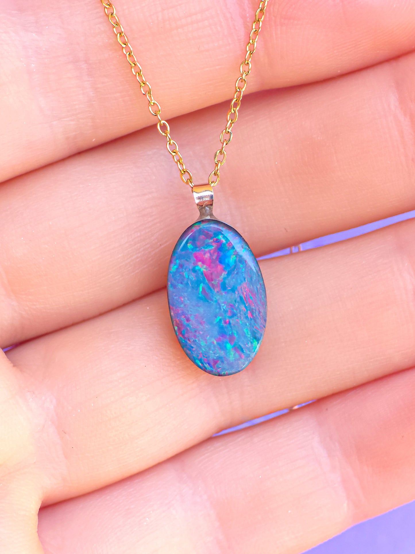 GLOW | 14K Gold Coober Pedy opal doublet/ Australian opal necklace/ firey opal/ rainbow opal/ minimalist jewelry/ Pink opal