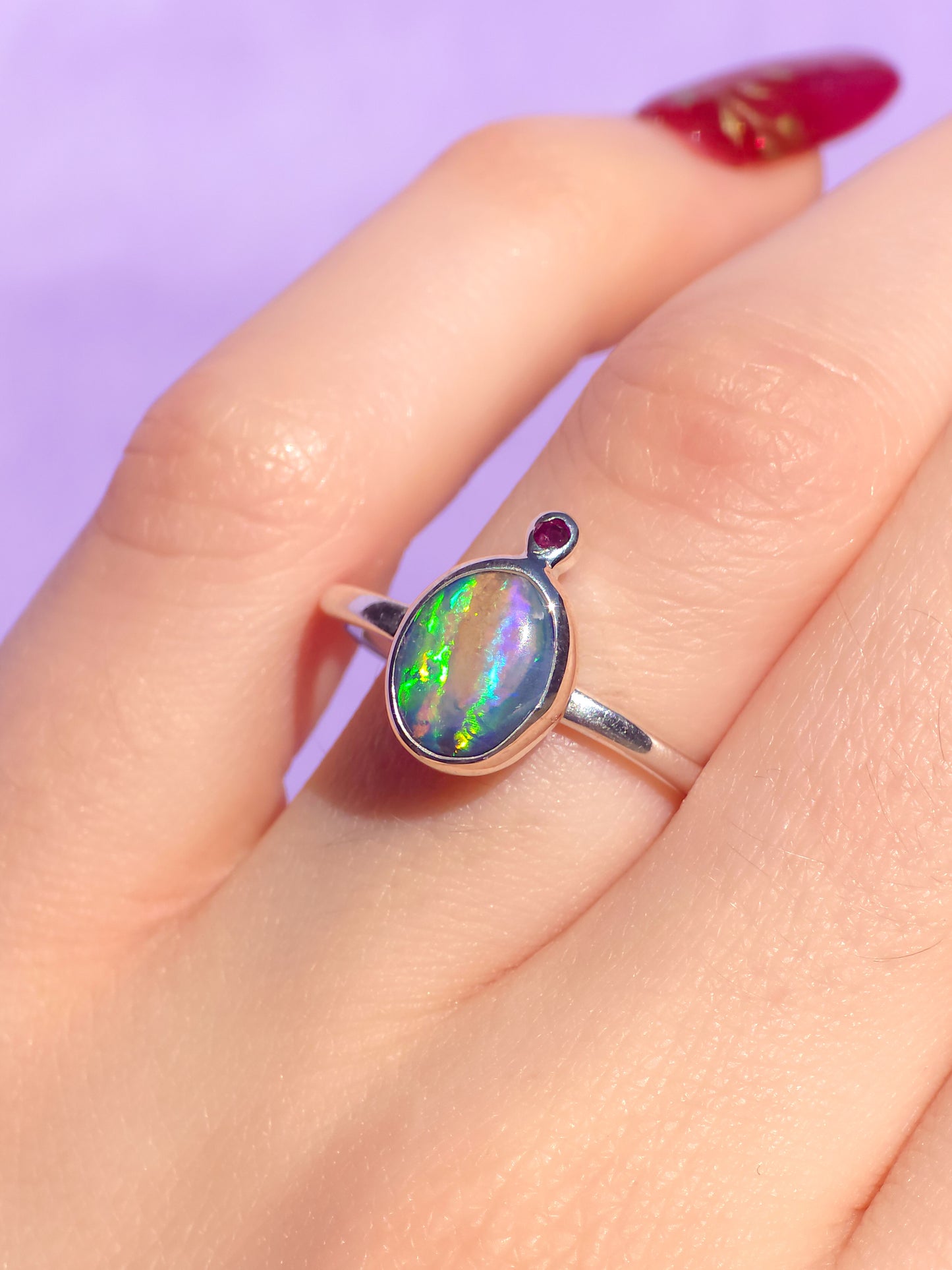 Australian Opal seashell and Ruby doublet ring / Free Sizing / 925 solid silver / opal fossil ring / dainty ring