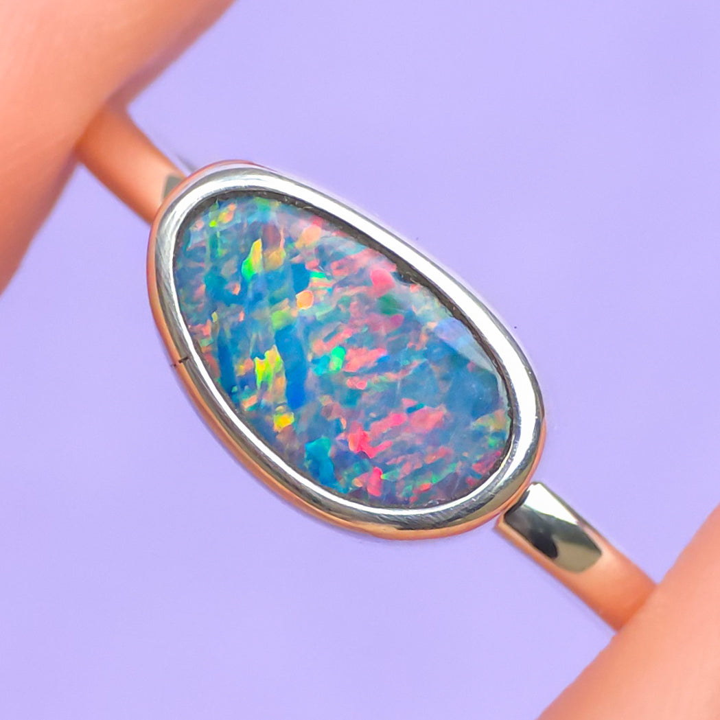 Australian Coober Pedy opal doublet ring / Free Sizing / 925 solid silver / minimal jewelry / rainbow ring