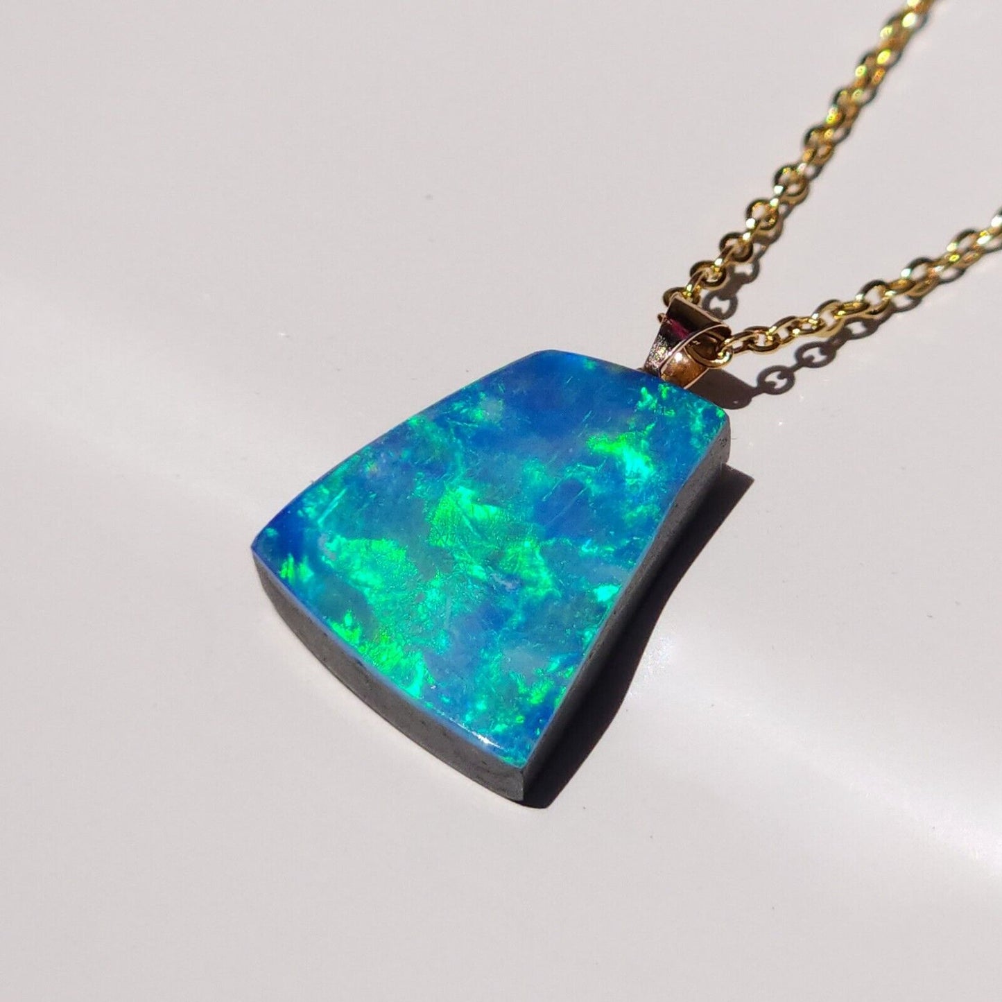 14K Gold Australian Opal Pendant, Coober Pedy Opal Doublet Necklace