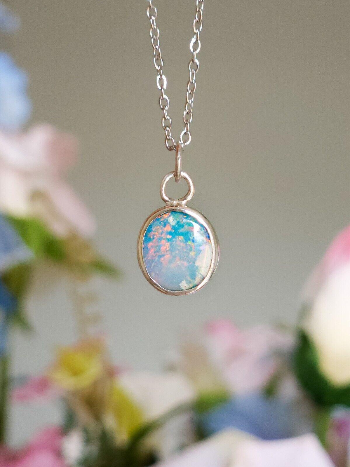 Silver Opal Doublet Necklace, Colorful Gemstone, Australian Opal, Pink Opal