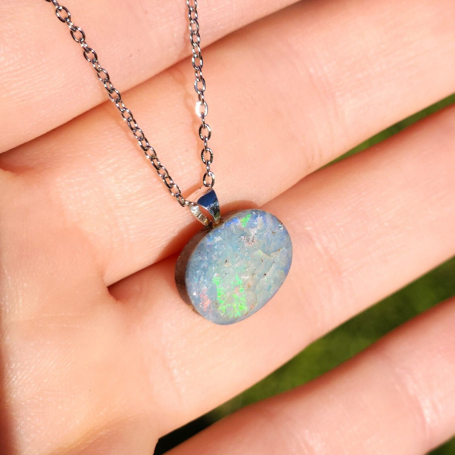 Sterling Silver Australian Coober Pedy Opal Doublet Pendant Necklace, AB3