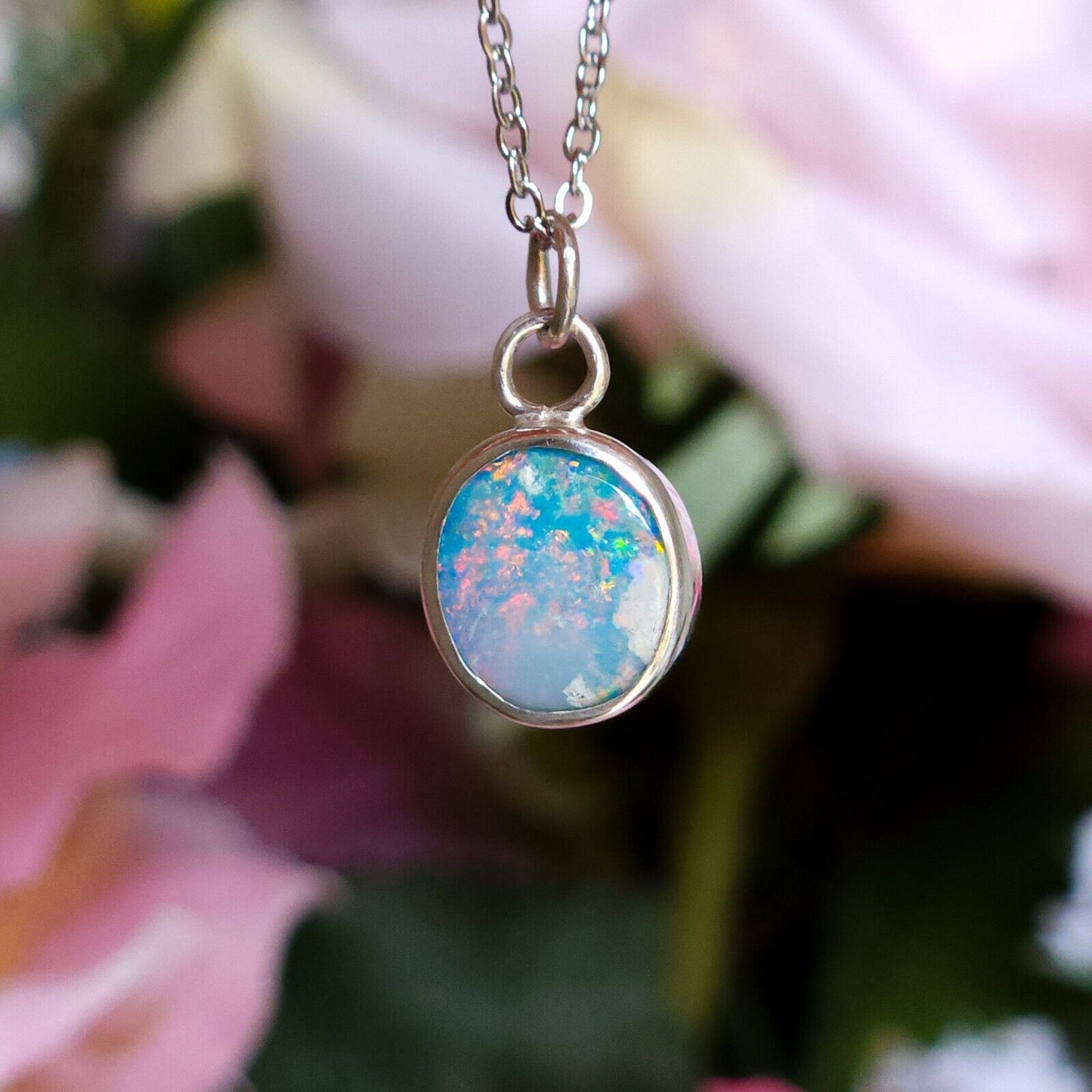 Silver Opal Doublet Necklace, Colorful Gemstone, Australian Opal, Pink Opal