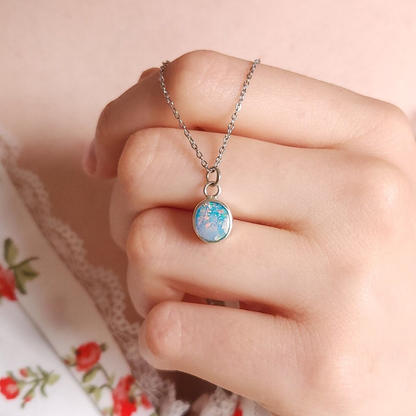 Silver Opal Doublet Necklace, Colorful Gemstone, Australian Opal, Pink Opal