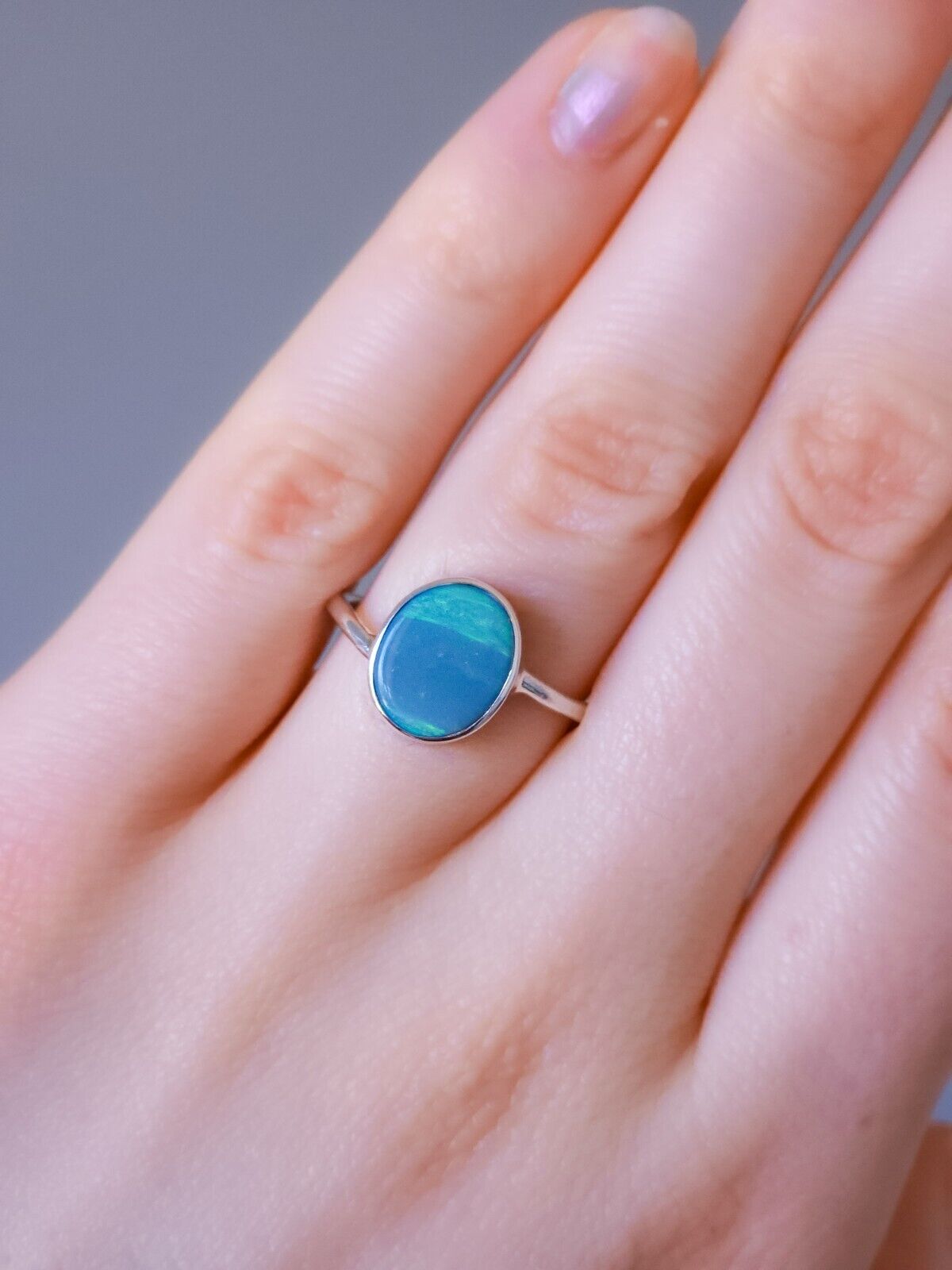 Sterling Silver Australian Opal Ring, Dainty Ring, SIZE US 7 3/4, Aqua Opal Ring