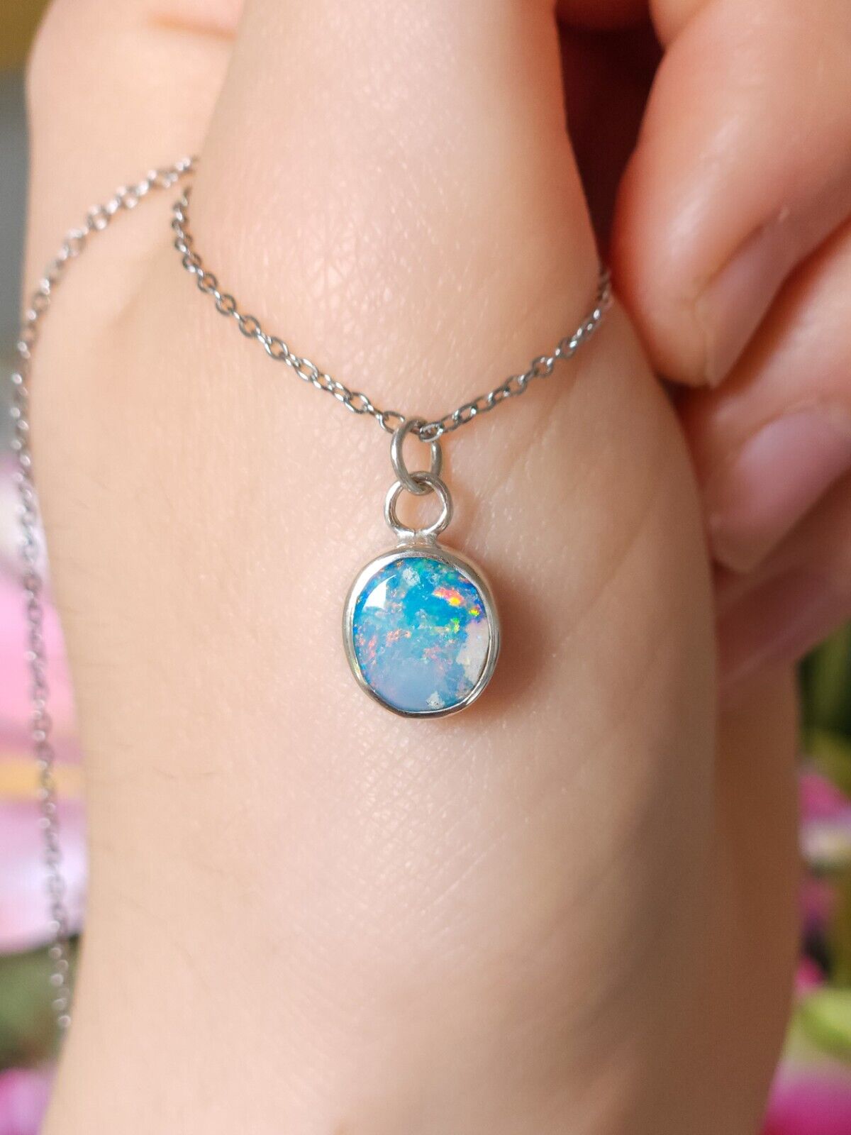 Silver Opal Doublet Necklace, Colorful Gemstone, Australian Opal, Pink Opal