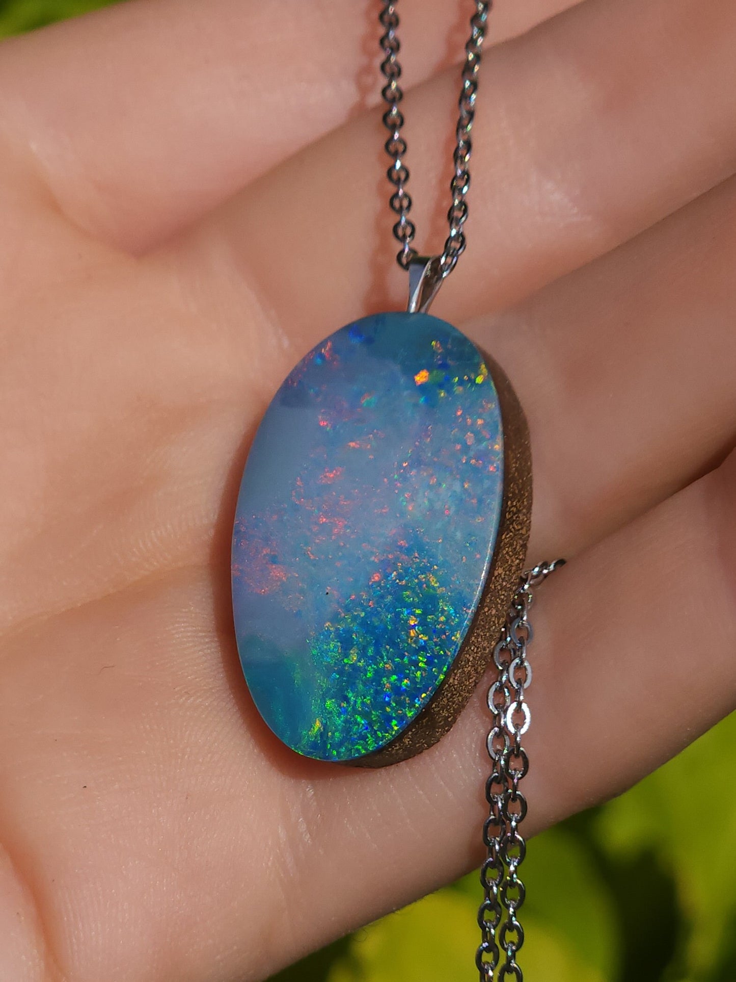 Australis | Bright Australian Coober Pedy Opal Doublet Pendant, QLD Boulder Ironstone Backing, Sterling Silver, Colorful Rainbow Opal |IR1