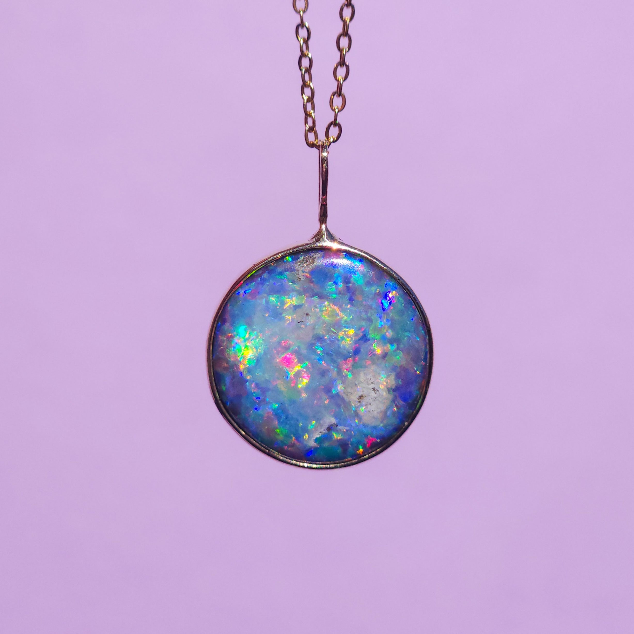 LILAC | 14K Gold Coober Pedy opal doublet necklace/ dark base opal/ minimalist jewelry/ Purple rainbow opal / Australian opal / Solid gold