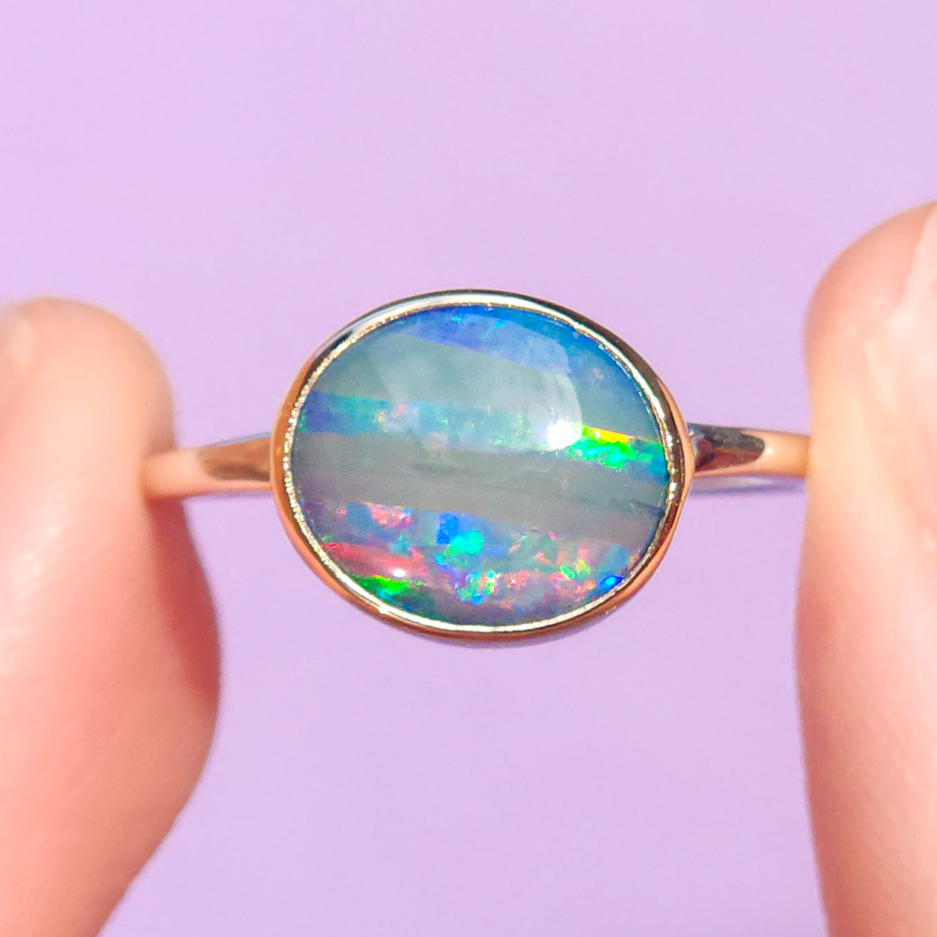 14K Gold and Silver Two-tone Australian opal ring / Size 8 / 925 Silver Band/ 14K Gold bezel / Opalised seashell / Shell fossil opal