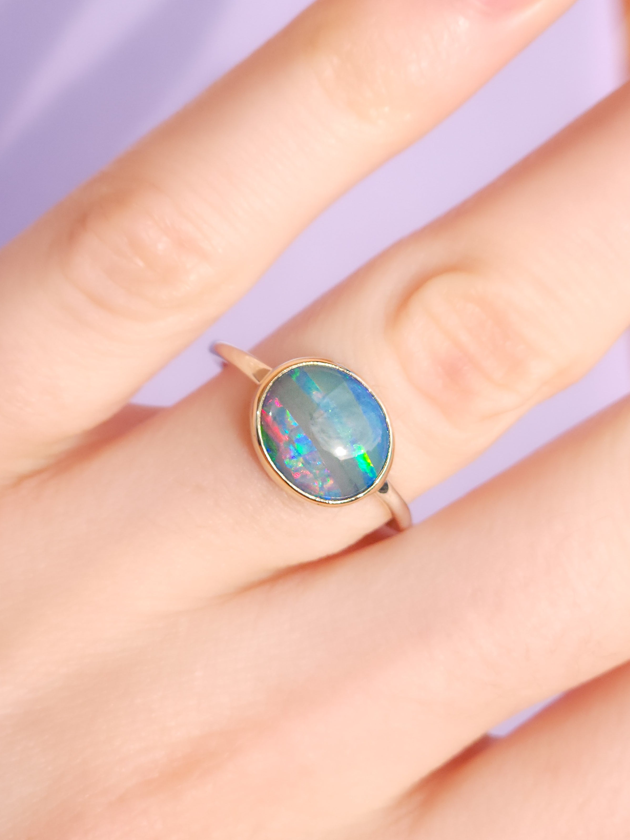 14K Gold and Silver Two-tone Australian opal ring / Size 8 / 925 Silver Band/ 14K Gold bezel / Opalised seashell / Shell fossil opal
