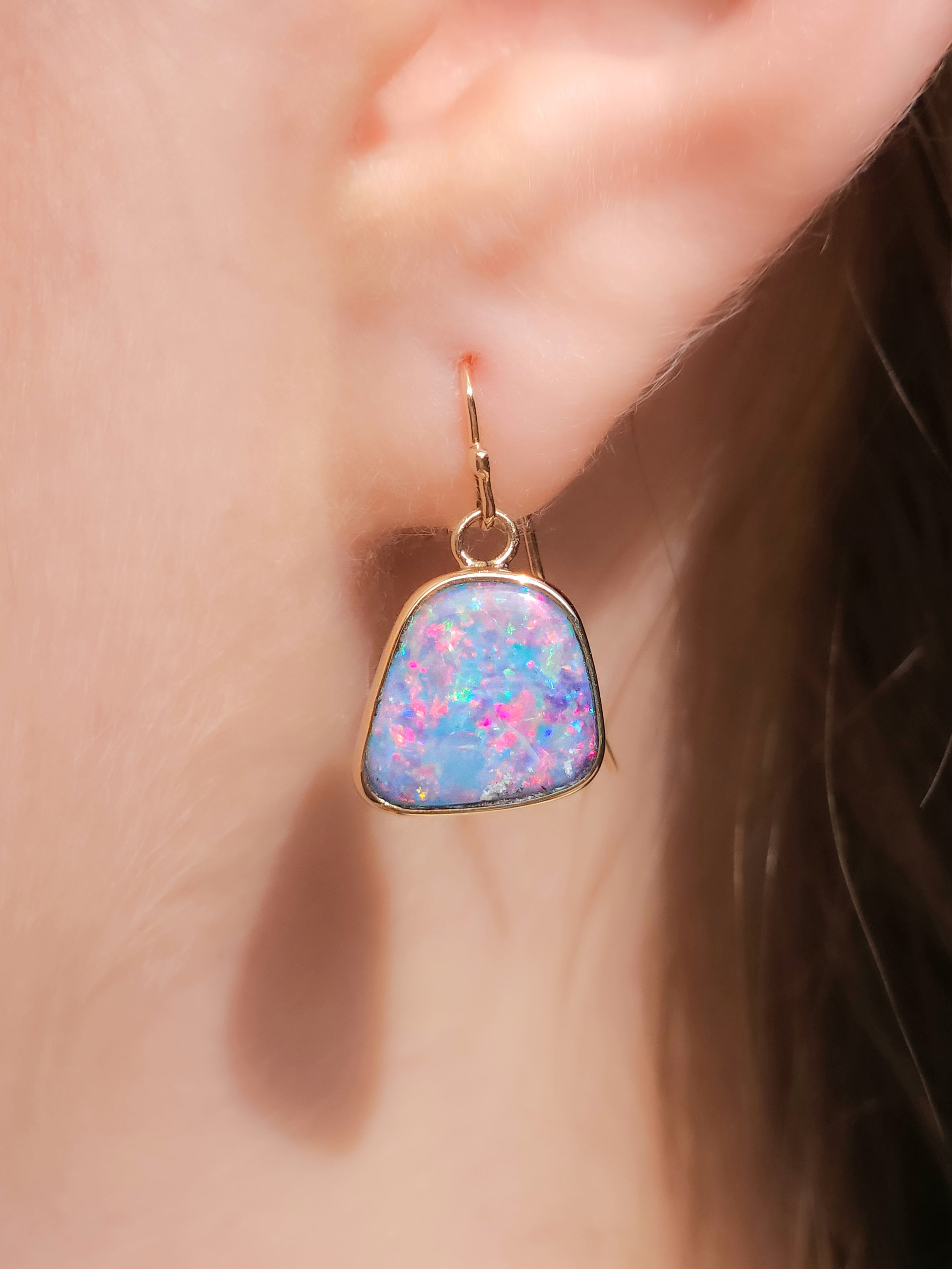 PINK 14K Gold Wrapped Australian Opal Hook Earrings / Rare Australian Opal Doublet / Charm earrings / solid gold