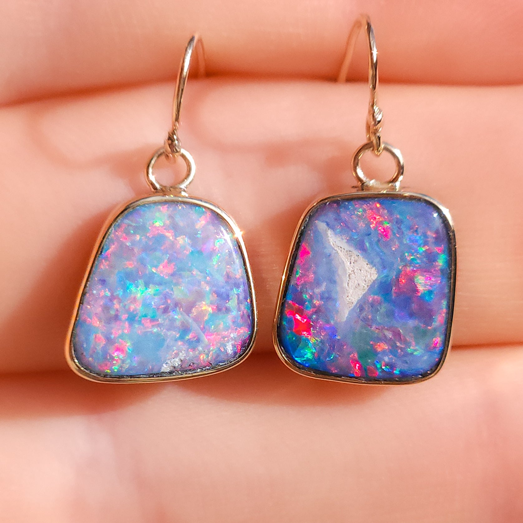 PINK 14K Gold Wrapped Australian Opal Hook Earrings / Rare Australian Opal Doublet / Charm earrings / solid gold