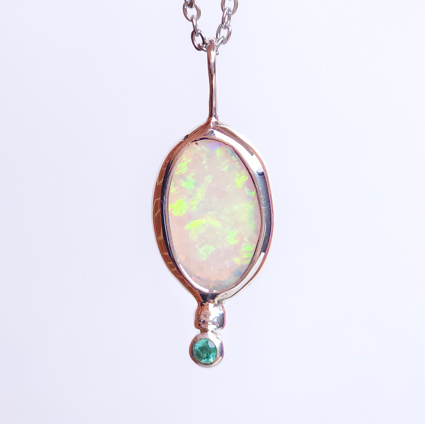 Solid Opal and Emerald Pendant / Australian Coober Pedy Opal/  solid crystal opal / Solid green opal / Emerald necklace