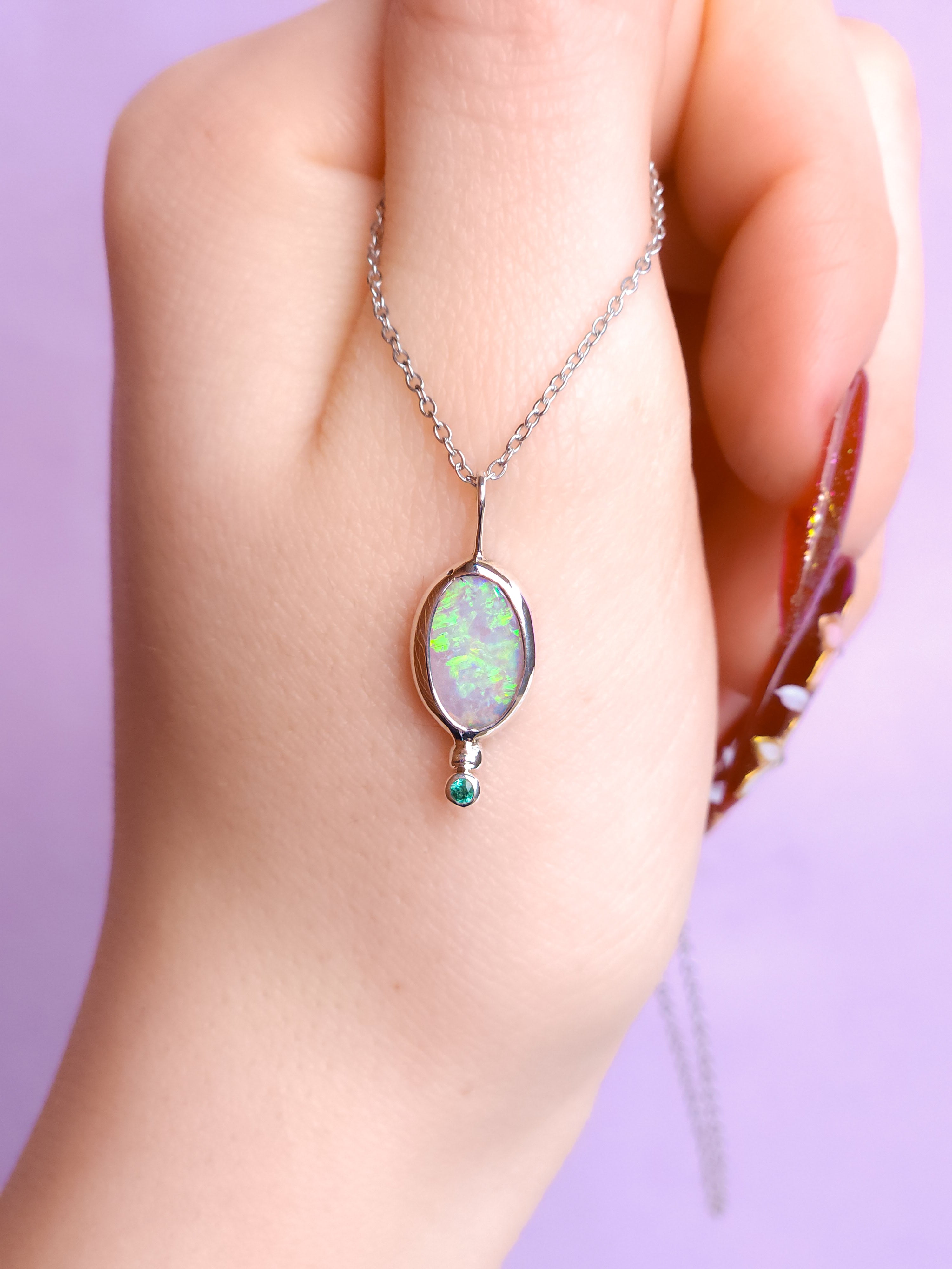 Solid Opal and Emerald Pendant / Australian Coober Pedy Opal/  solid crystal opal / Solid green opal / Emerald necklace