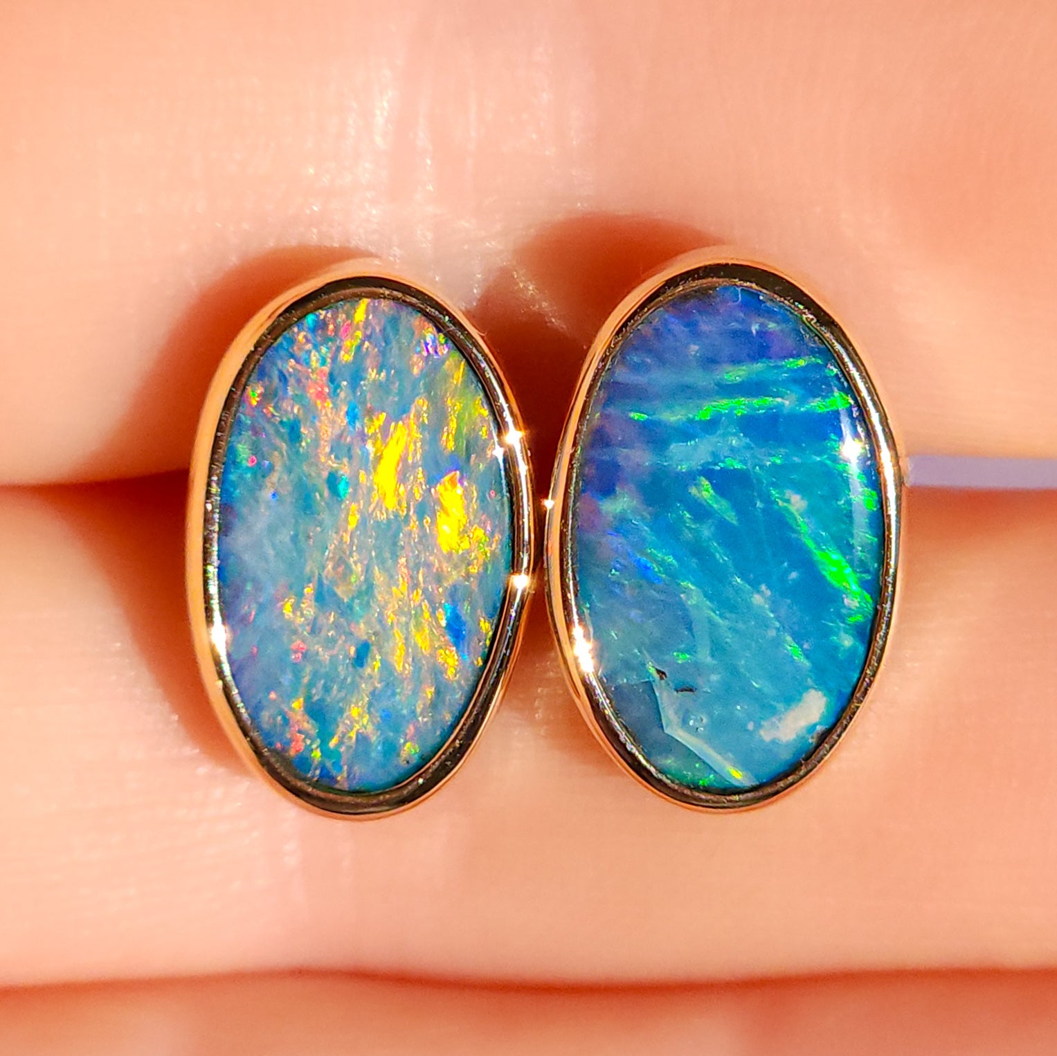 14K Gold Wrapped Australian Opal Stud Earrings, Rare Australian Opal Doublet, Coober Pedy opal / rainbow opal/ gold studs / screw backs