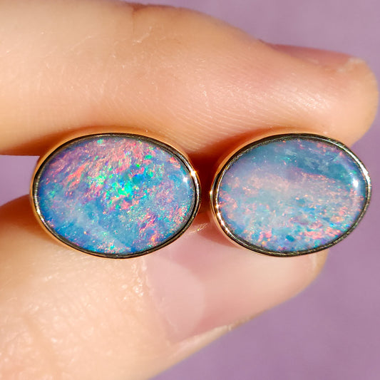 Pink 14K Gold Australian Opal Stud Earrings / Coober Pedy doublet / rainbow opal/ gold studs / screw backs