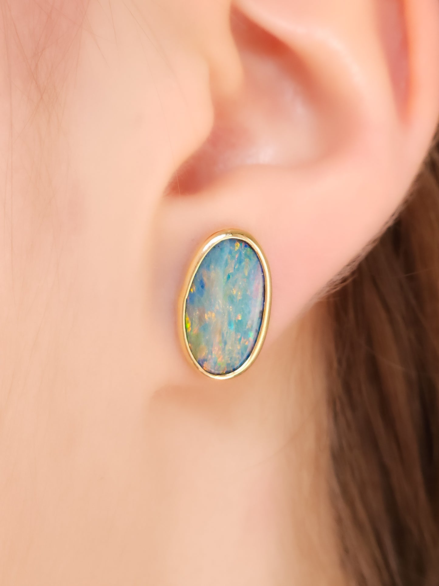 14K Gold Wrapped Australian Opal Stud Earrings, Rare Australian Opal Doublet, Coober Pedy opal / rainbow opal/ gold studs / screw backs