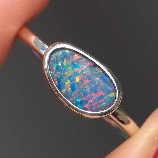 Australian Coober Pedy opal doublet ring / Free Sizing / 925 solid silver / minimal jewelry / rainbow ring