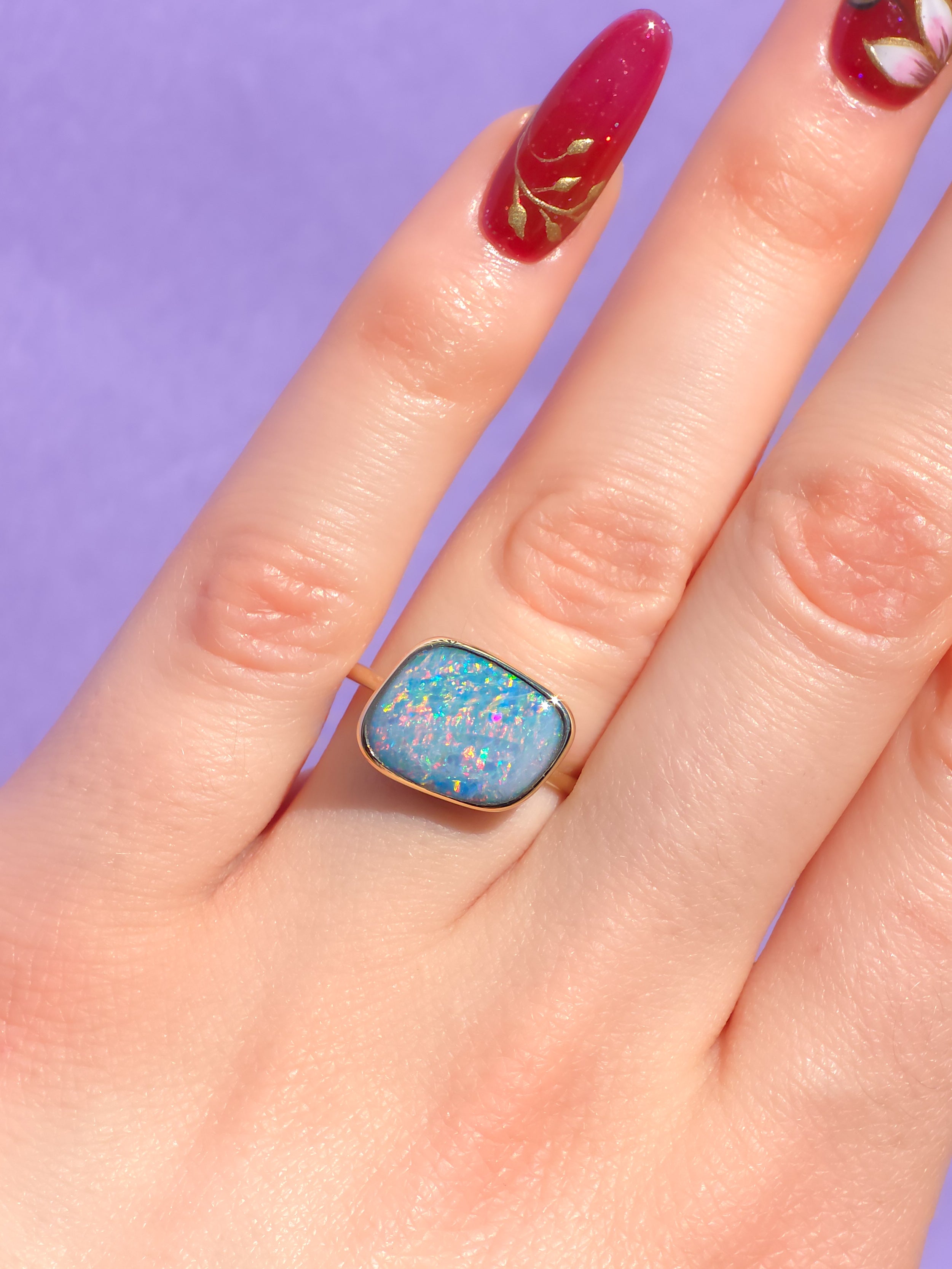 DELILAH | 14K Gold Australian opal doublet ring / Free Sizing / Coober Pedy Opal / solid gold / Rainbow opal /statement ring