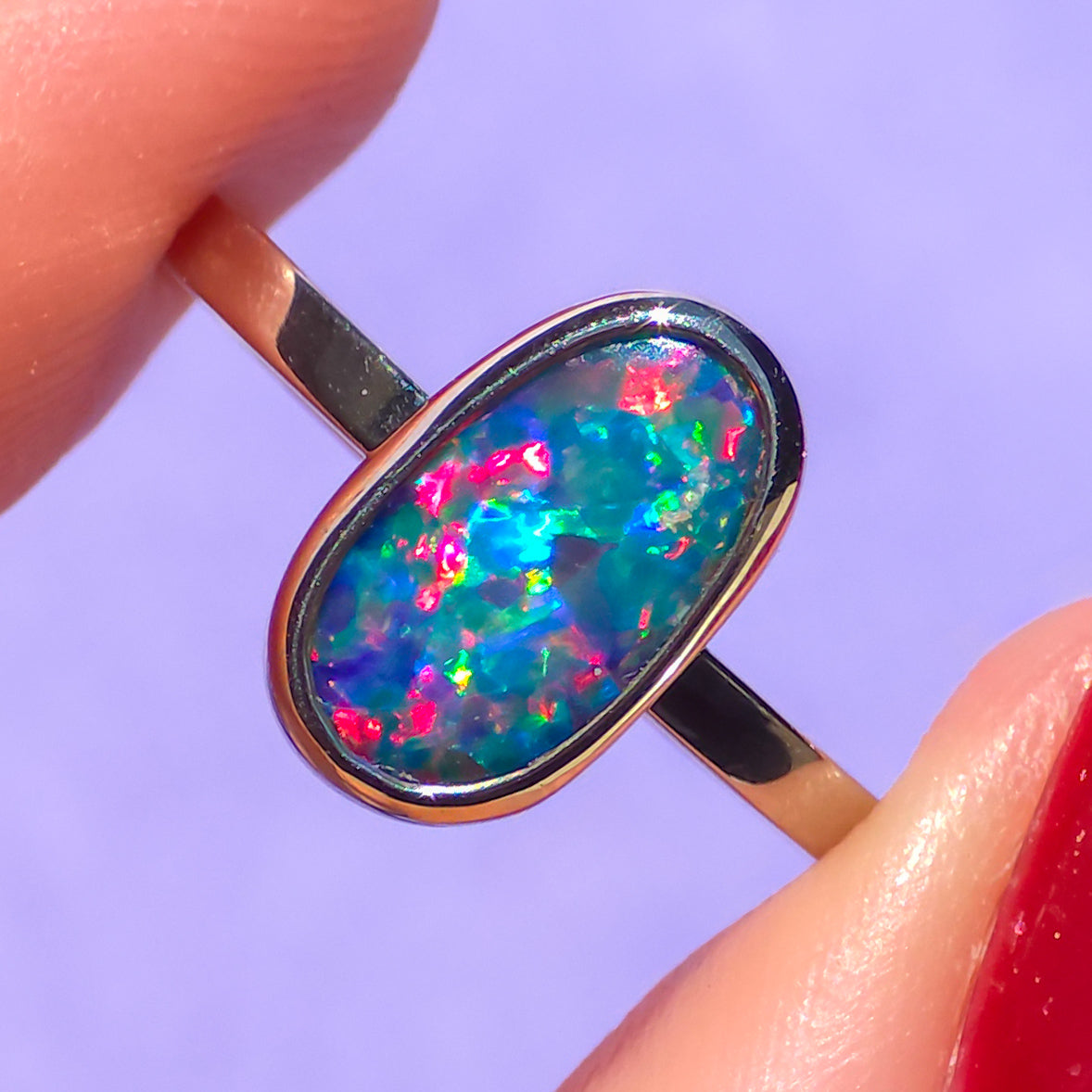 CORAL | 14K White Gold Australian opal doublet ring / Free Sizing / Coober Pedy Opal / solid gold / Rainbow opal /statement ring