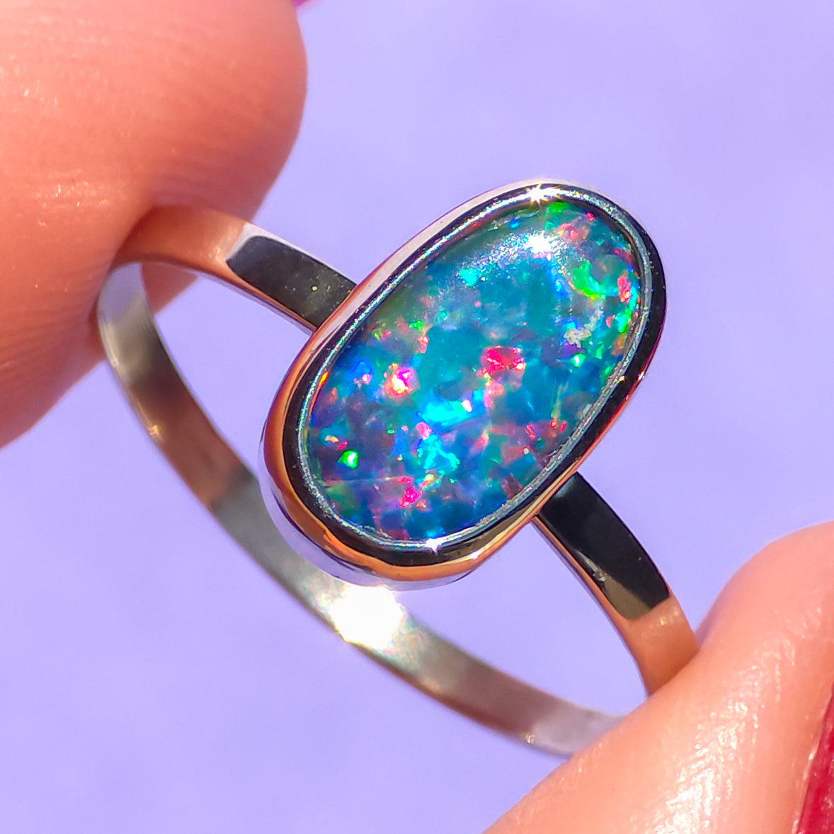 CORAL | 14K White Gold Australian opal doublet ring / Free Sizing / Coober Pedy Opal / solid gold / Rainbow opal /statement ring