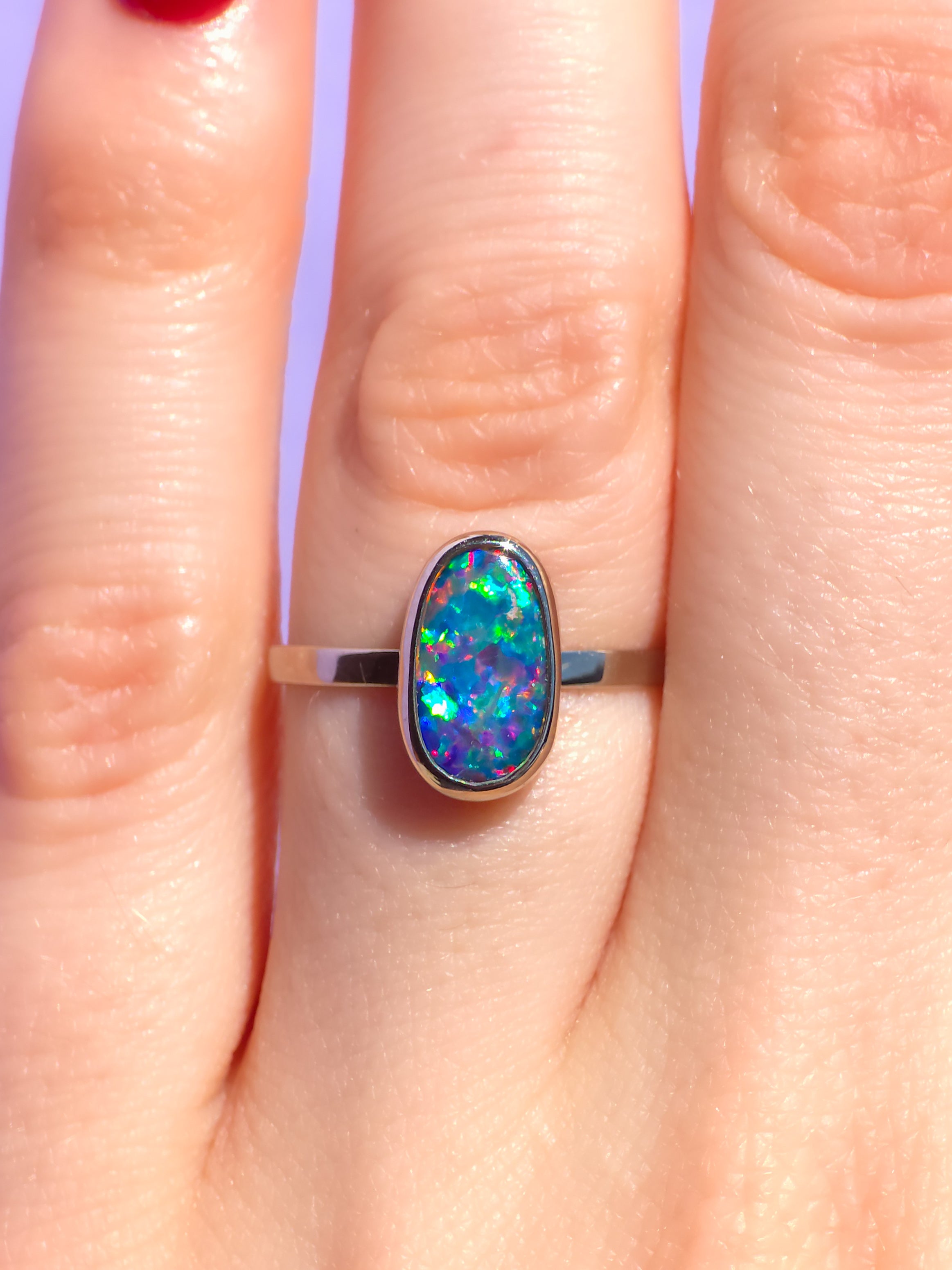 CORAL | 14K White Gold Australian opal doublet ring / Free Sizing / Coober Pedy Opal / solid gold / Rainbow opal /statement ring