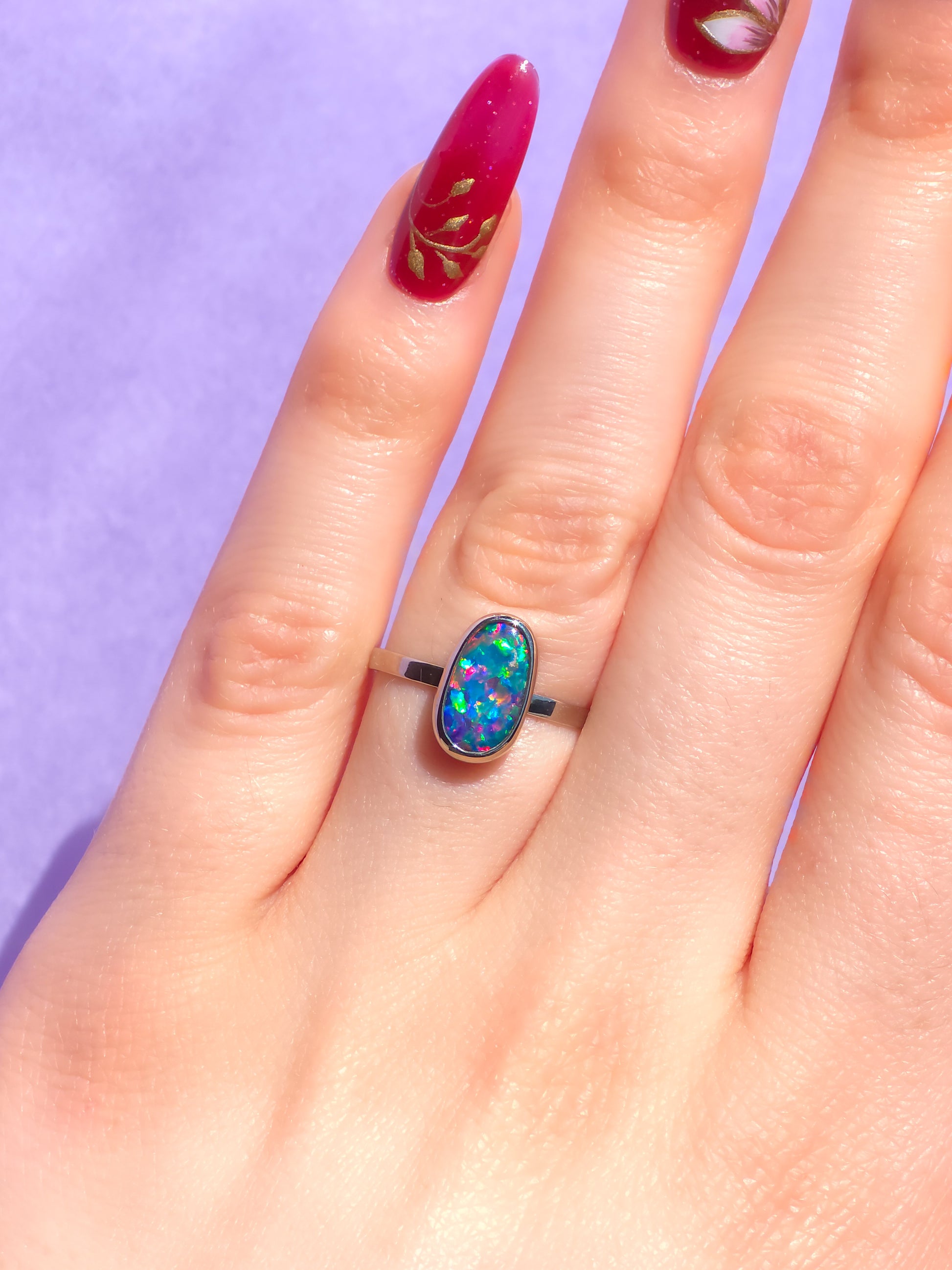 CORAL | 14K White Gold Australian opal doublet ring / Free Sizing / Coober Pedy Opal / solid gold / Rainbow opal /statement ring