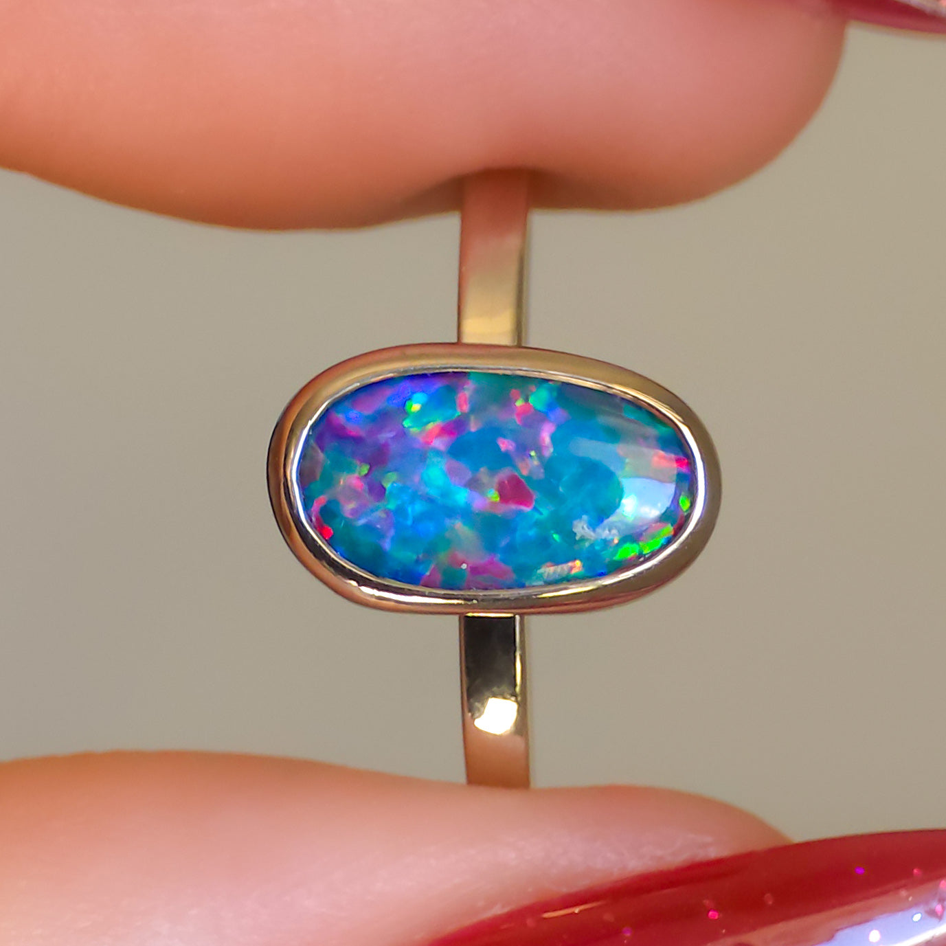 CORAL | 14K White Gold Australian opal doublet ring / Free Sizing / Coober Pedy Opal / solid gold / Rainbow opal /statement ring