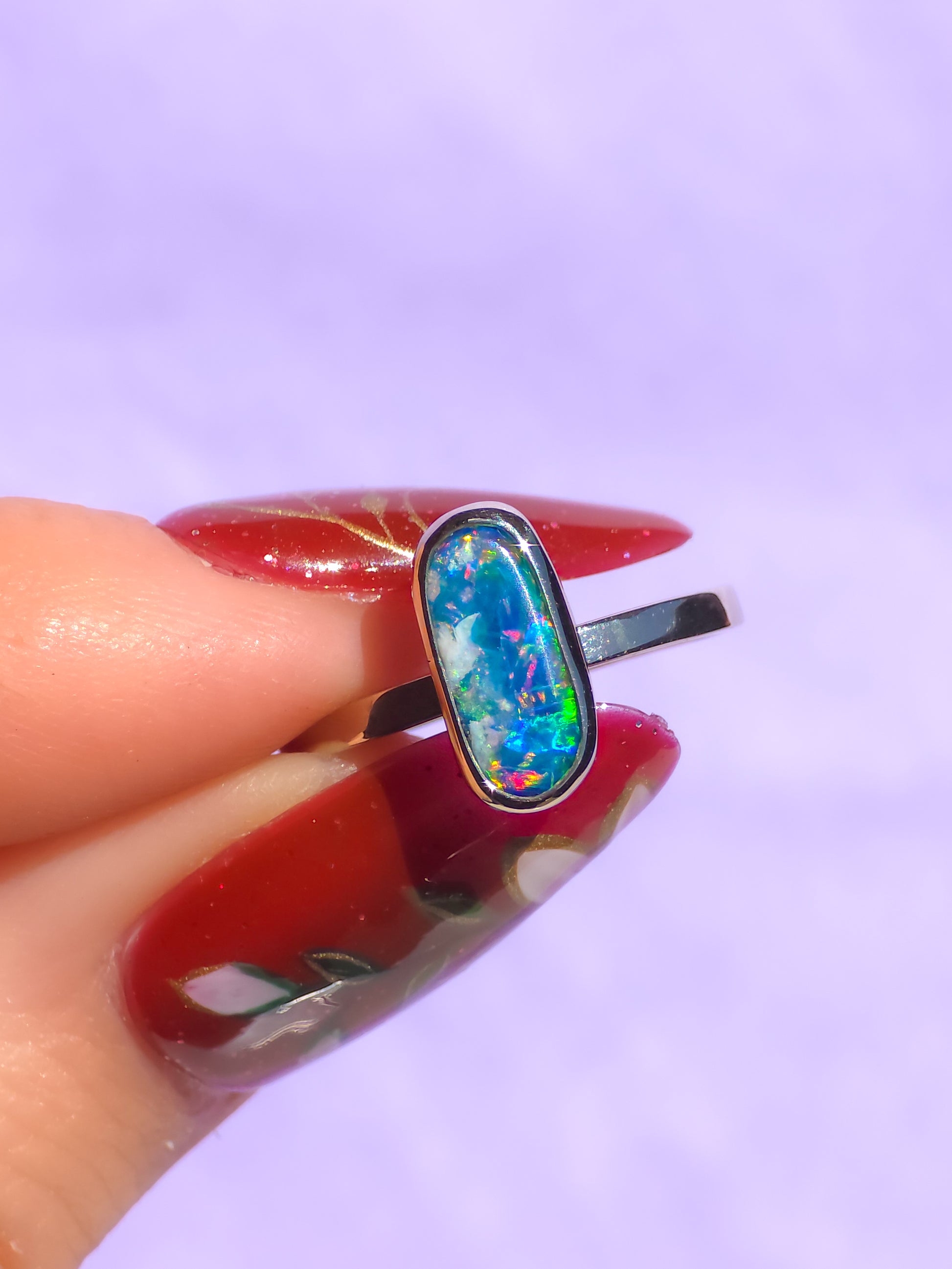 WATERFALL | 14K White Gold Australian opal doublet ring / Free Sizing / Coober Pedy Opal / solid white gold / Dainty opal ring