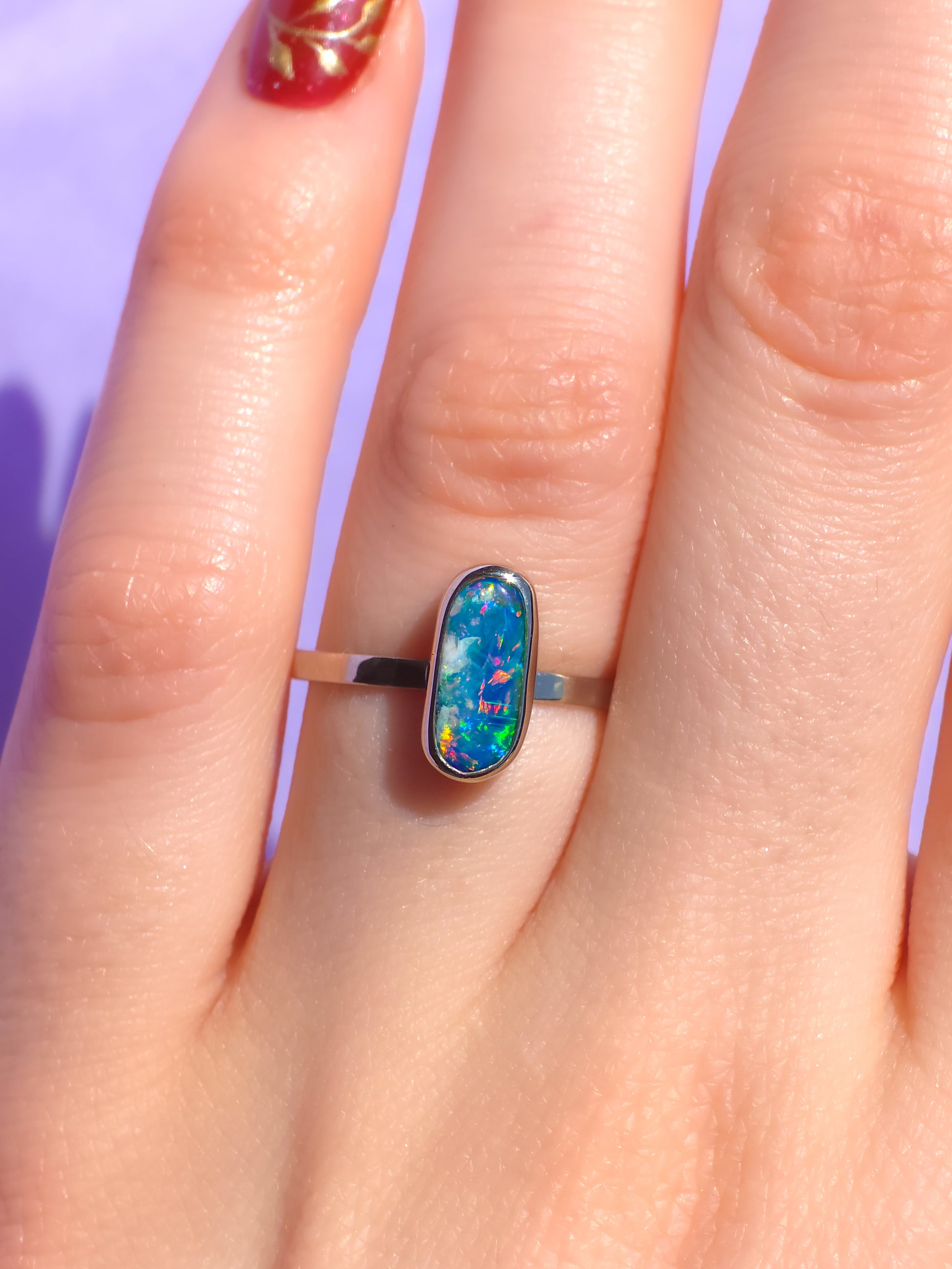 WATERFALL | 14K White Gold Australian opal doublet ring / Free Sizing / Coober Pedy Opal / solid white gold / Dainty opal ring