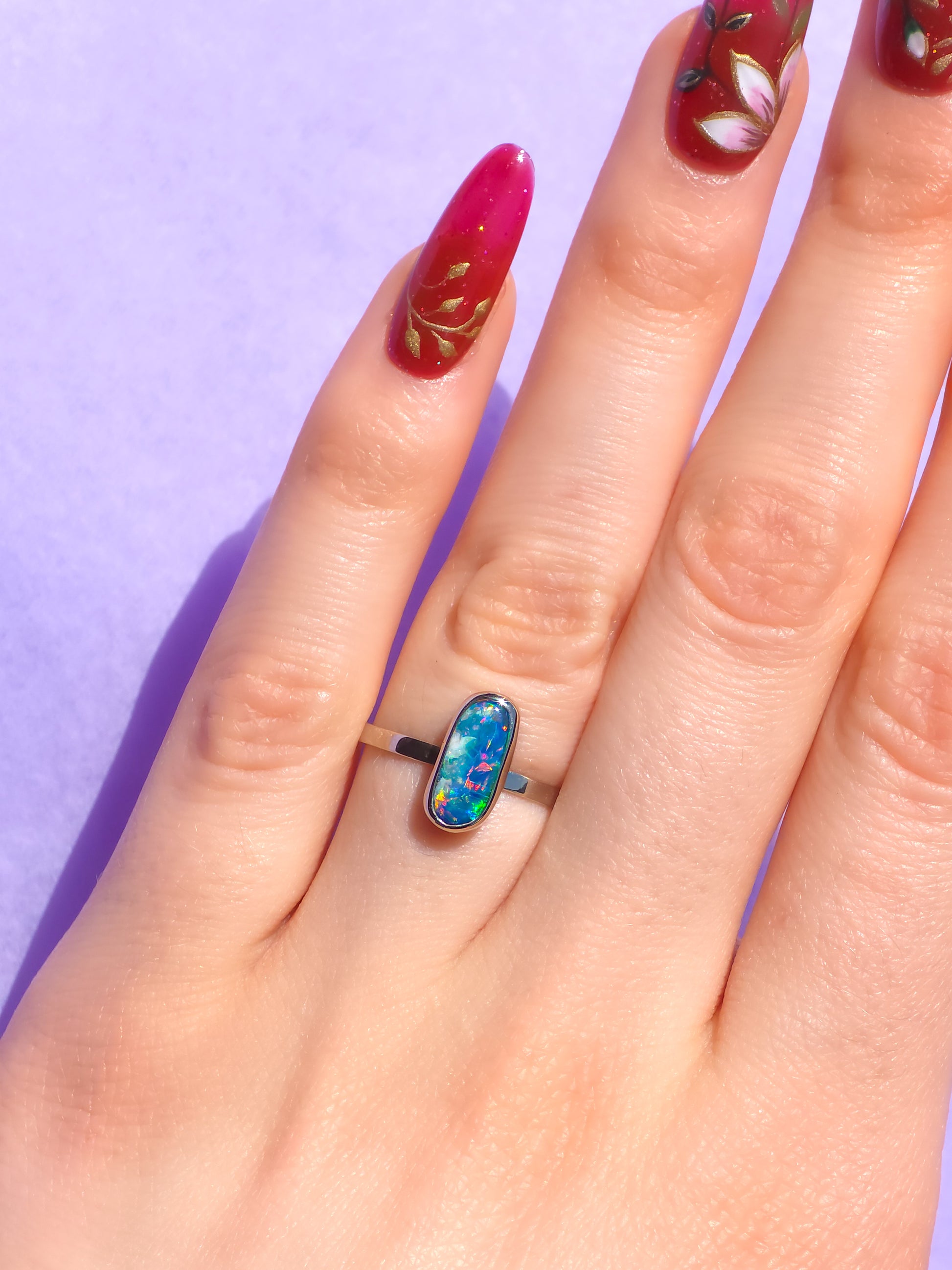 WATERFALL | 14K White Gold Australian opal doublet ring / Free Sizing / Coober Pedy Opal / solid white gold / Dainty opal ring