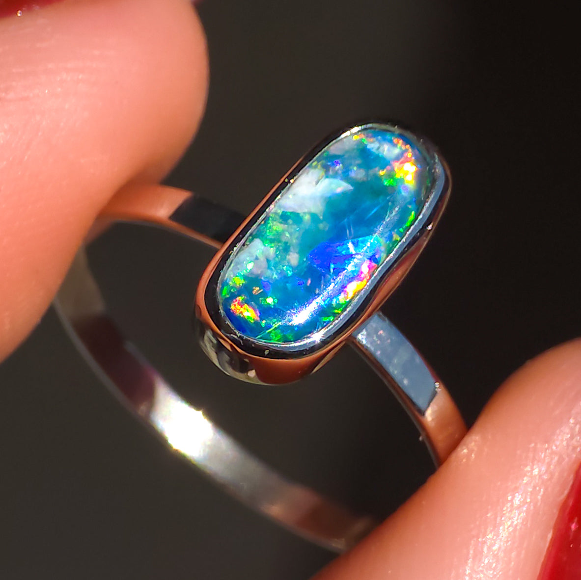 WATERFALL | 14K White Gold Australian opal doublet ring / Free Sizing / Coober Pedy Opal / solid white gold / Dainty opal ring
