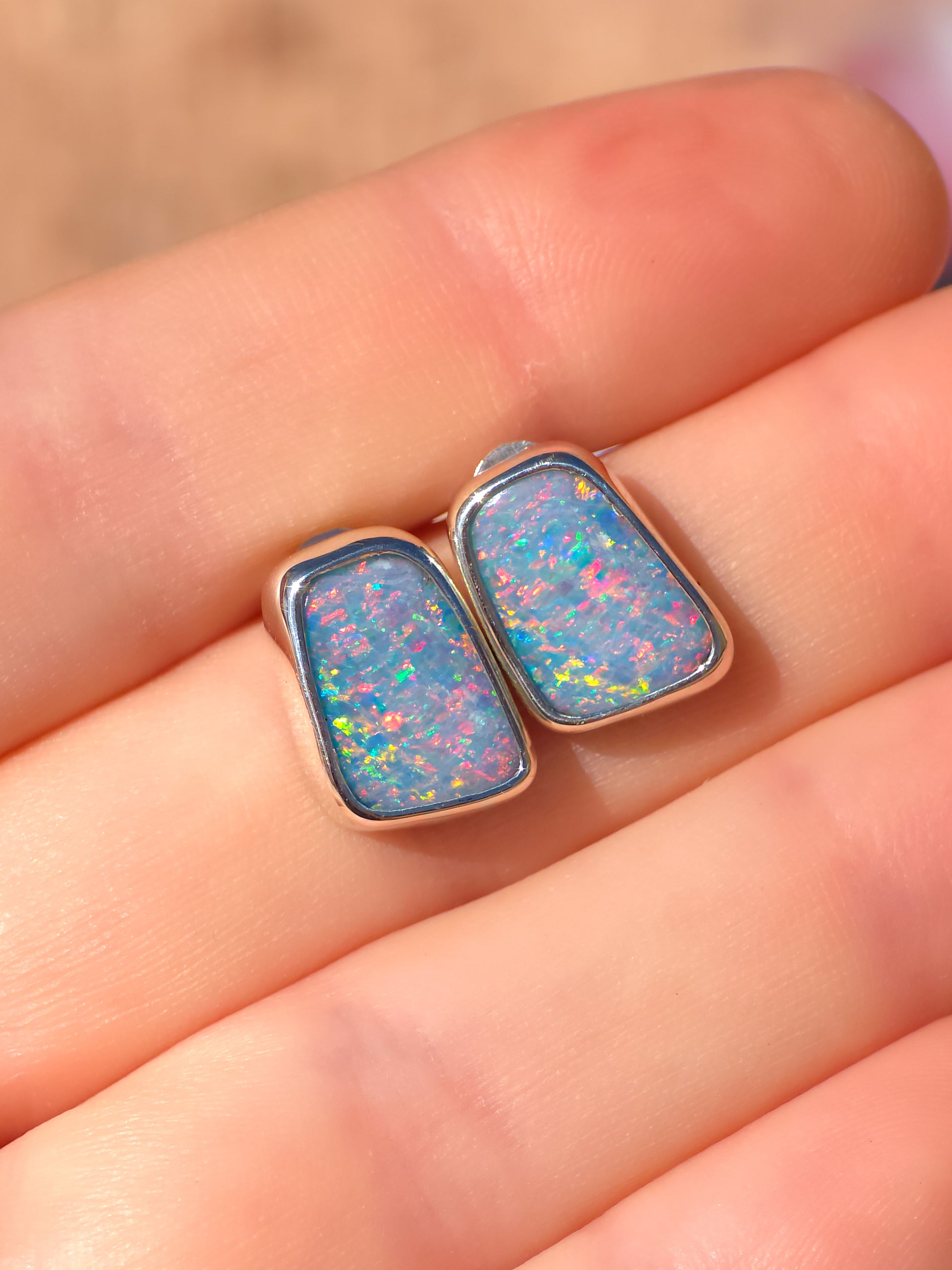 ANGEL | Australian opal stud earrings / 925 silver / Coober Pedy opal doublet / statement earrings / rainbow opal studs