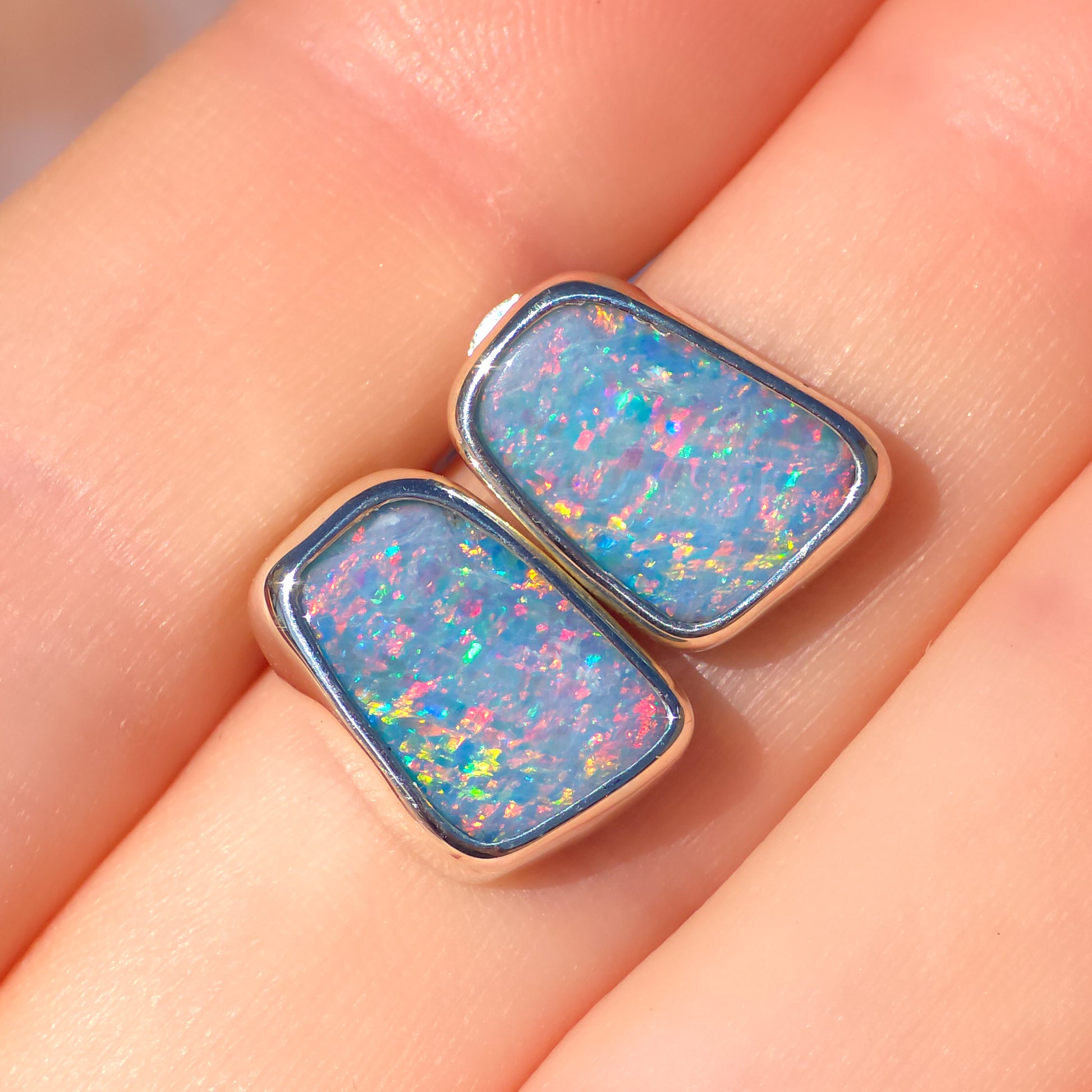 ANGEL | Australian opal stud earrings / 925 silver / Coober Pedy opal doublet / statement earrings / rainbow opal studs