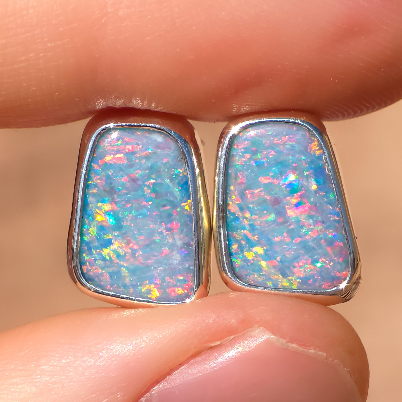 ANGEL | Australian opal stud earrings / 925 silver / Coober Pedy opal doublet / statement earrings / rainbow opal studs