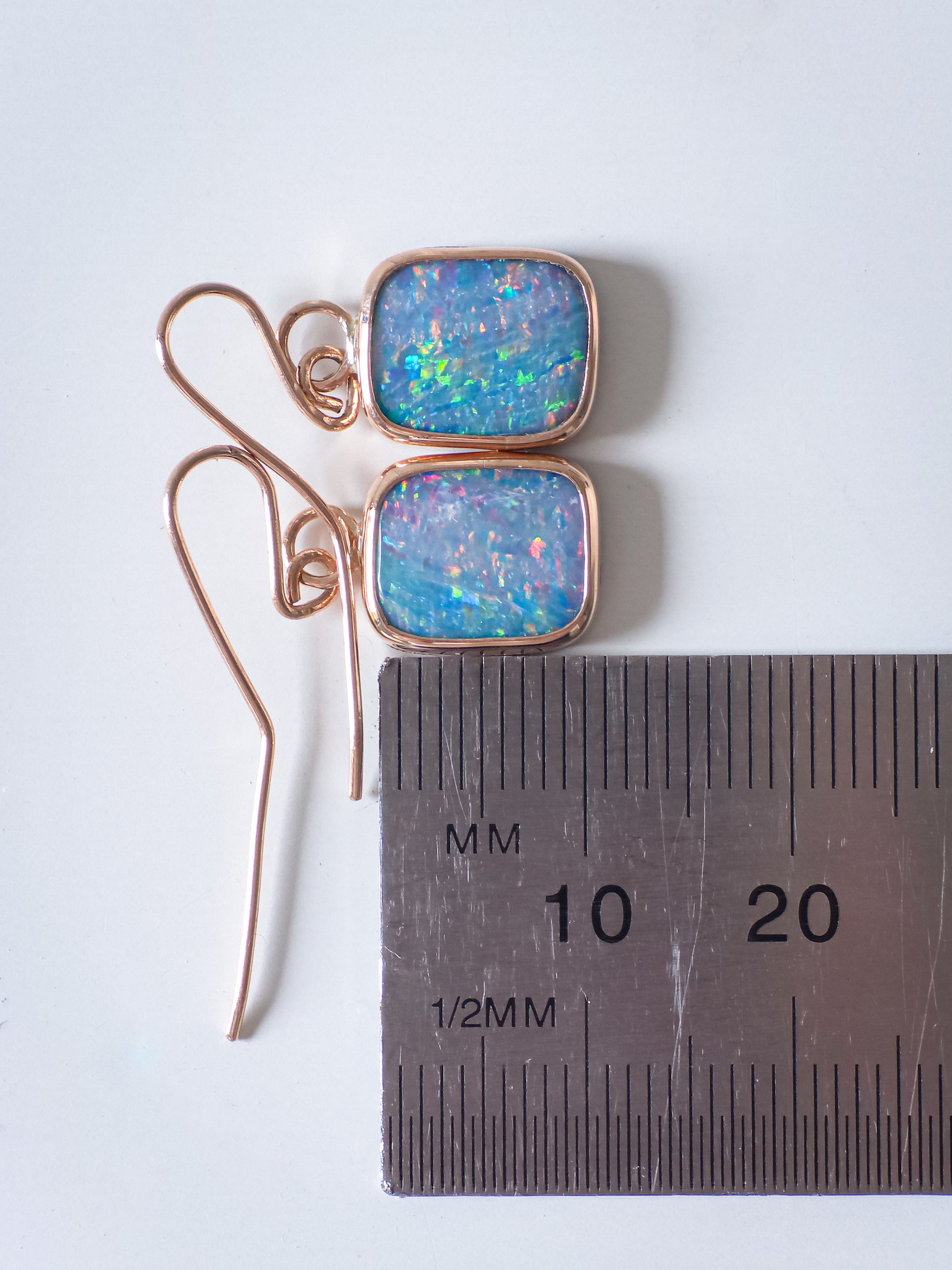 14K Rose Gold Australian Opal doublet earrings / Shepherd's hooks / solid gold / Dainty charms