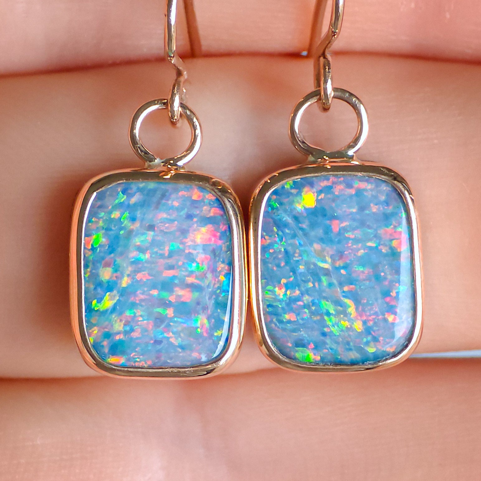 14K Rose Gold Australian Opal doublet earrings / Shepherd's hooks / solid gold / Dainty charms