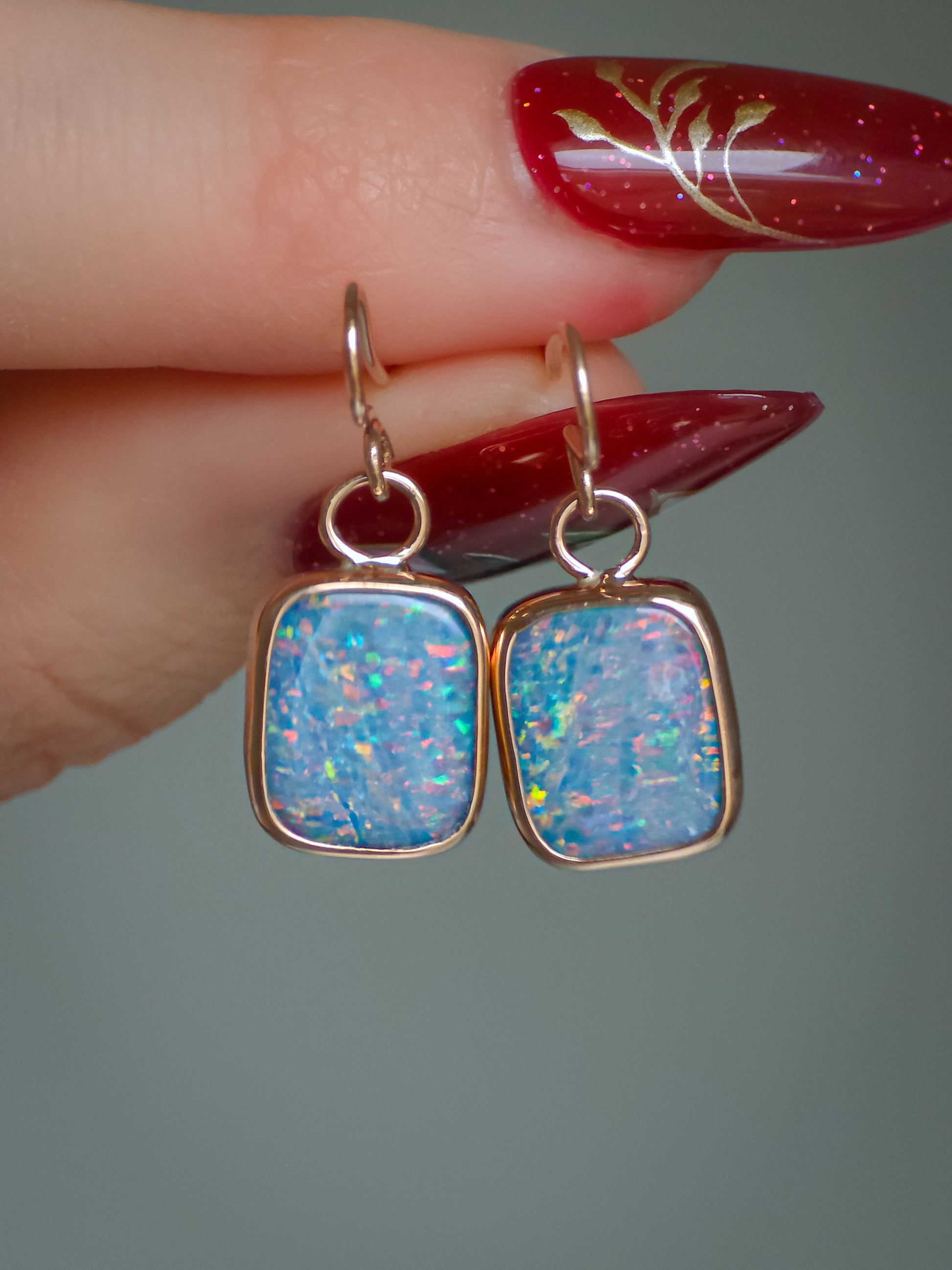 14K Rose Gold Australian Opal doublet earrings / Shepherd's hooks / solid gold / Dainty charms