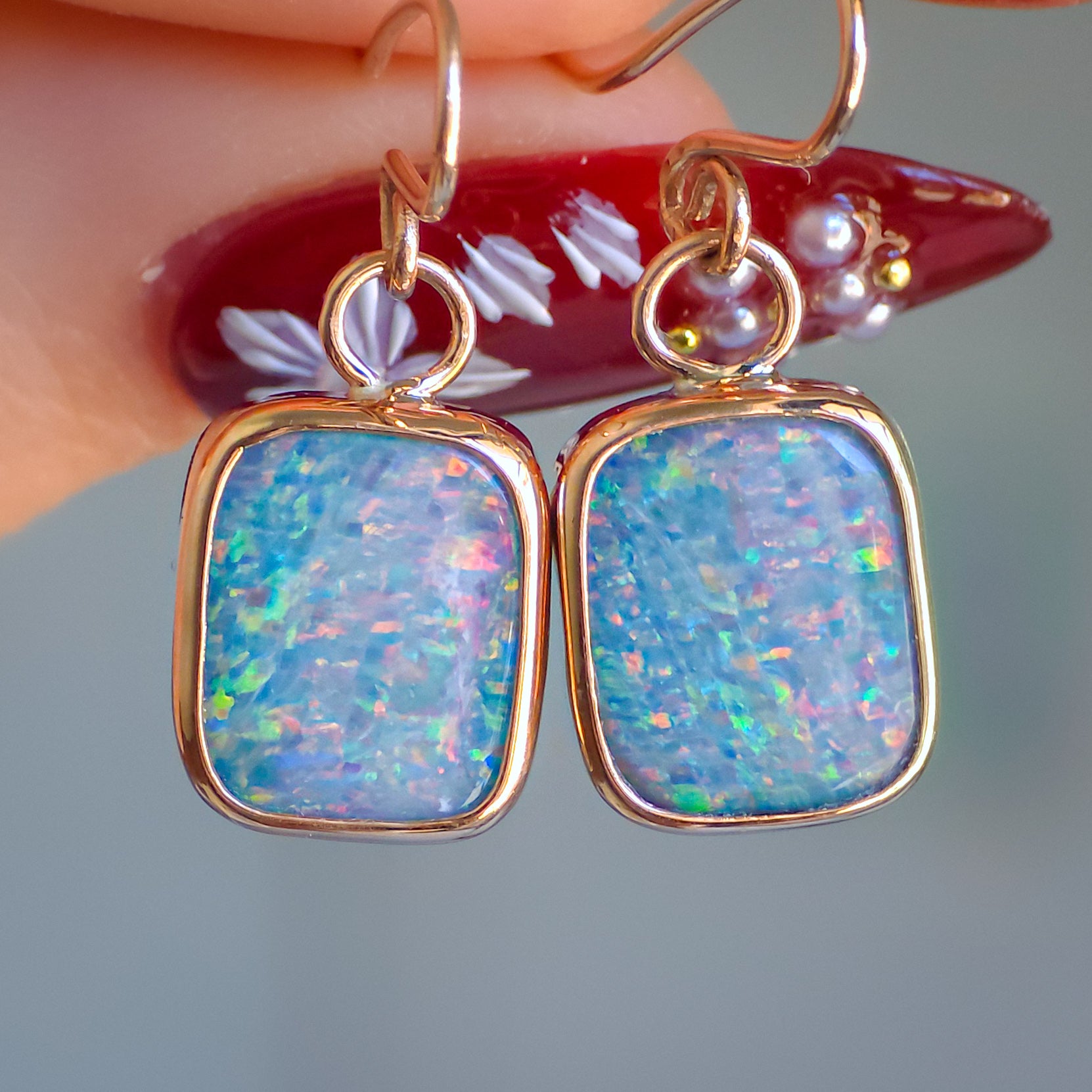 14K Rose Gold Australian Opal doublet earrings / Shepherd's hooks / solid gold / Dainty charms