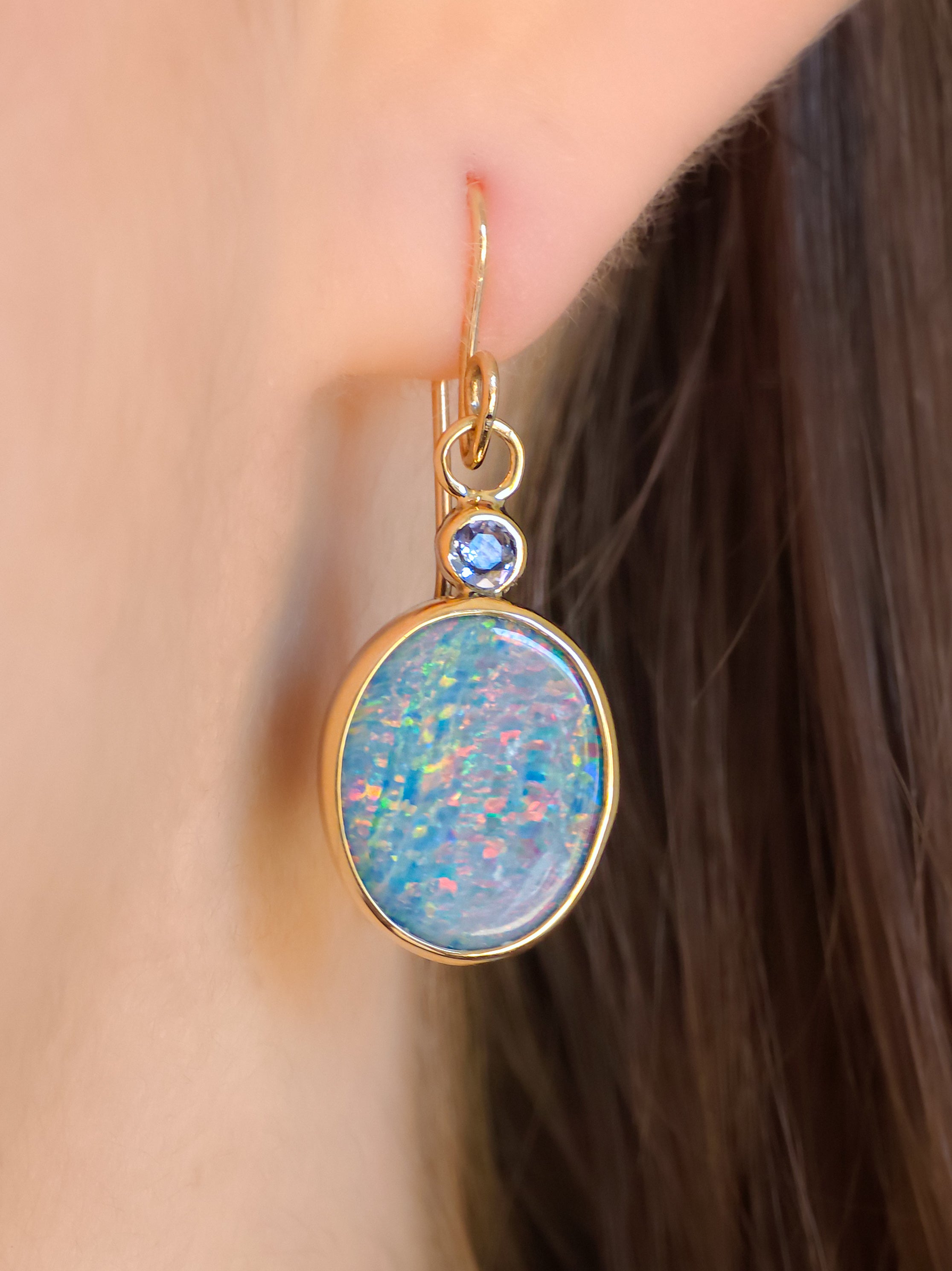 14K Gold Australian Opal doublet and purple Tanzanite earrings / Shepherd's hooks / solid gold / Dainty charms