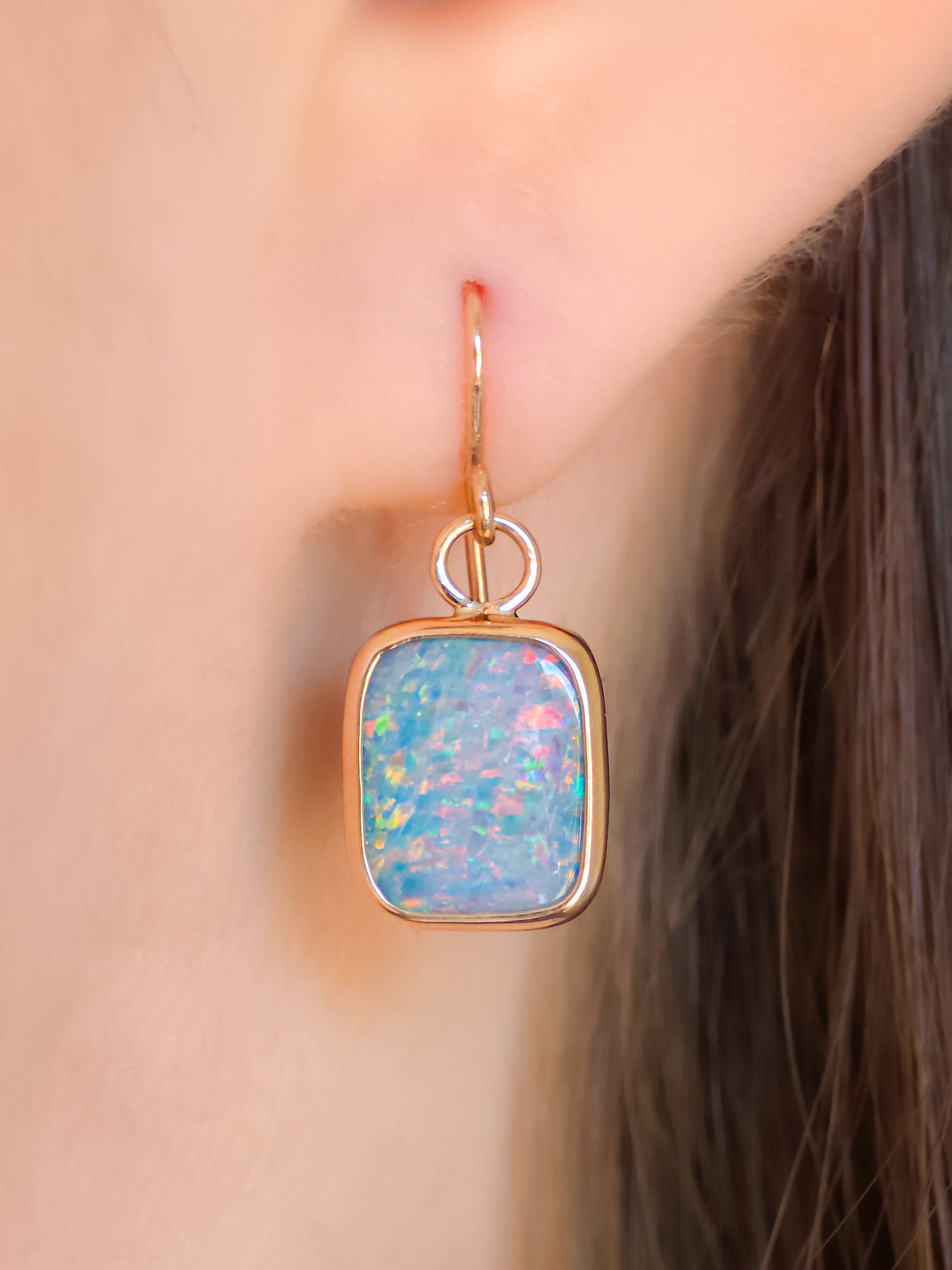 14K Rose Gold Australian Opal doublet earrings / Shepherd's hooks / solid gold / Dainty charms