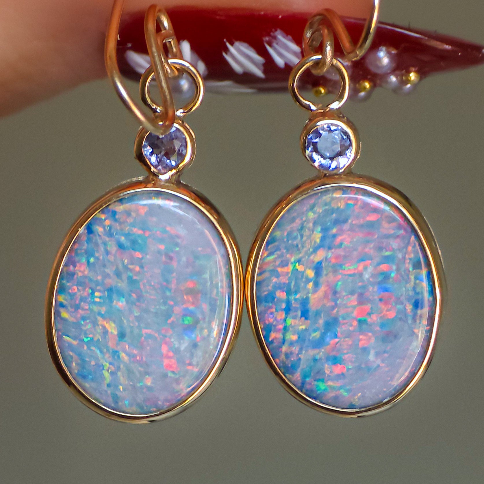 14K Gold Australian Opal doublet and purple Tanzanite earrings / Shepherd's hooks / solid gold / Dainty charms