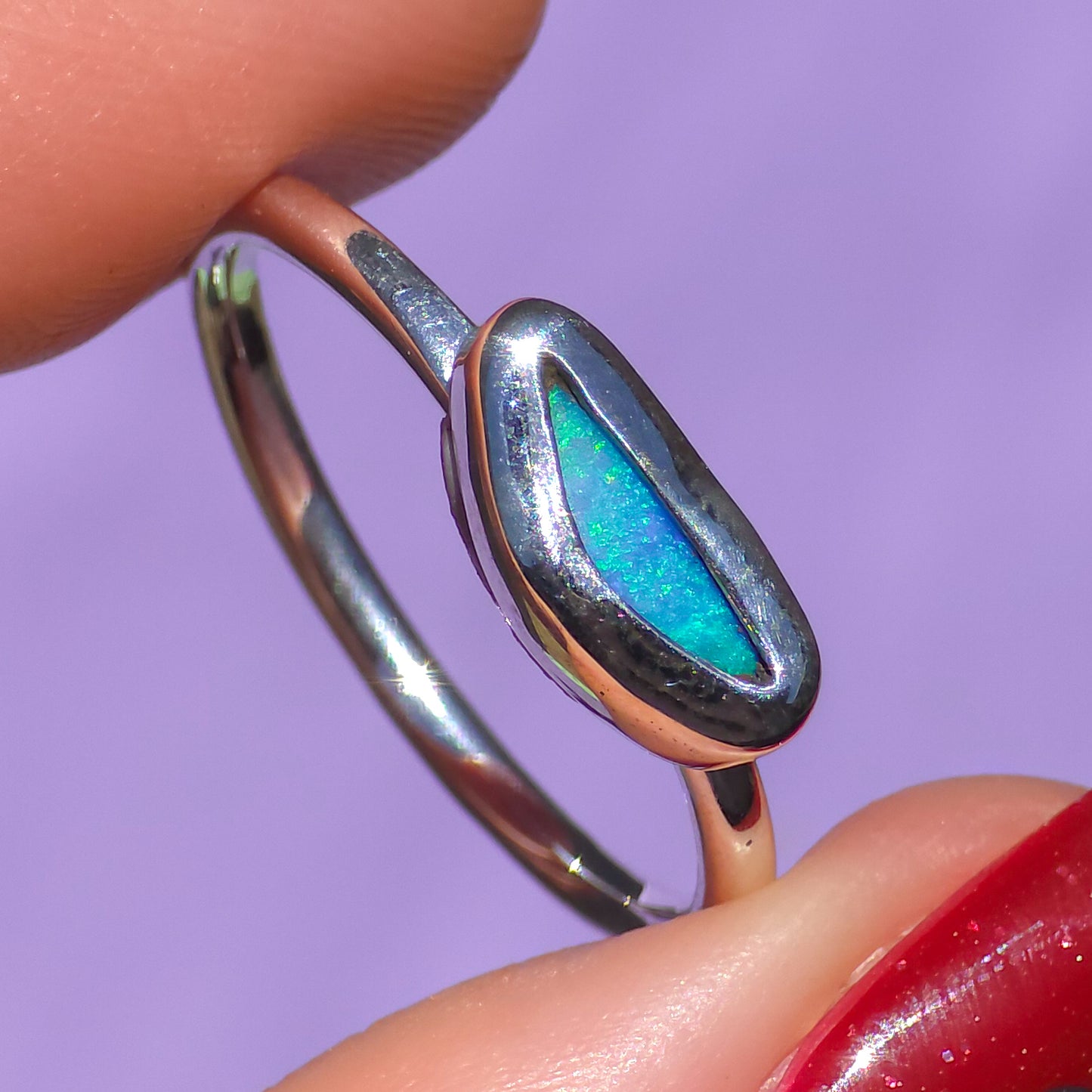 SILVER | Australian Mintabie opal doublet ring / Free Sizing / 925 solid silver / minimal jewelry