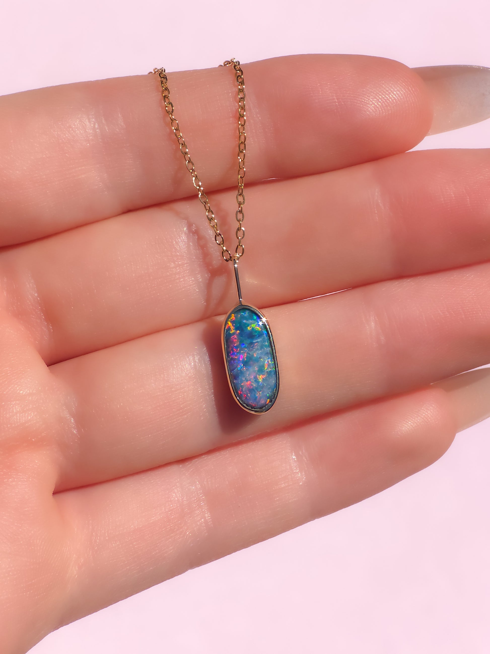 TULIP | 14K Gold Coober Pedy opal doublet necklace/ rainbow crystal opal/ minimalist jewelry