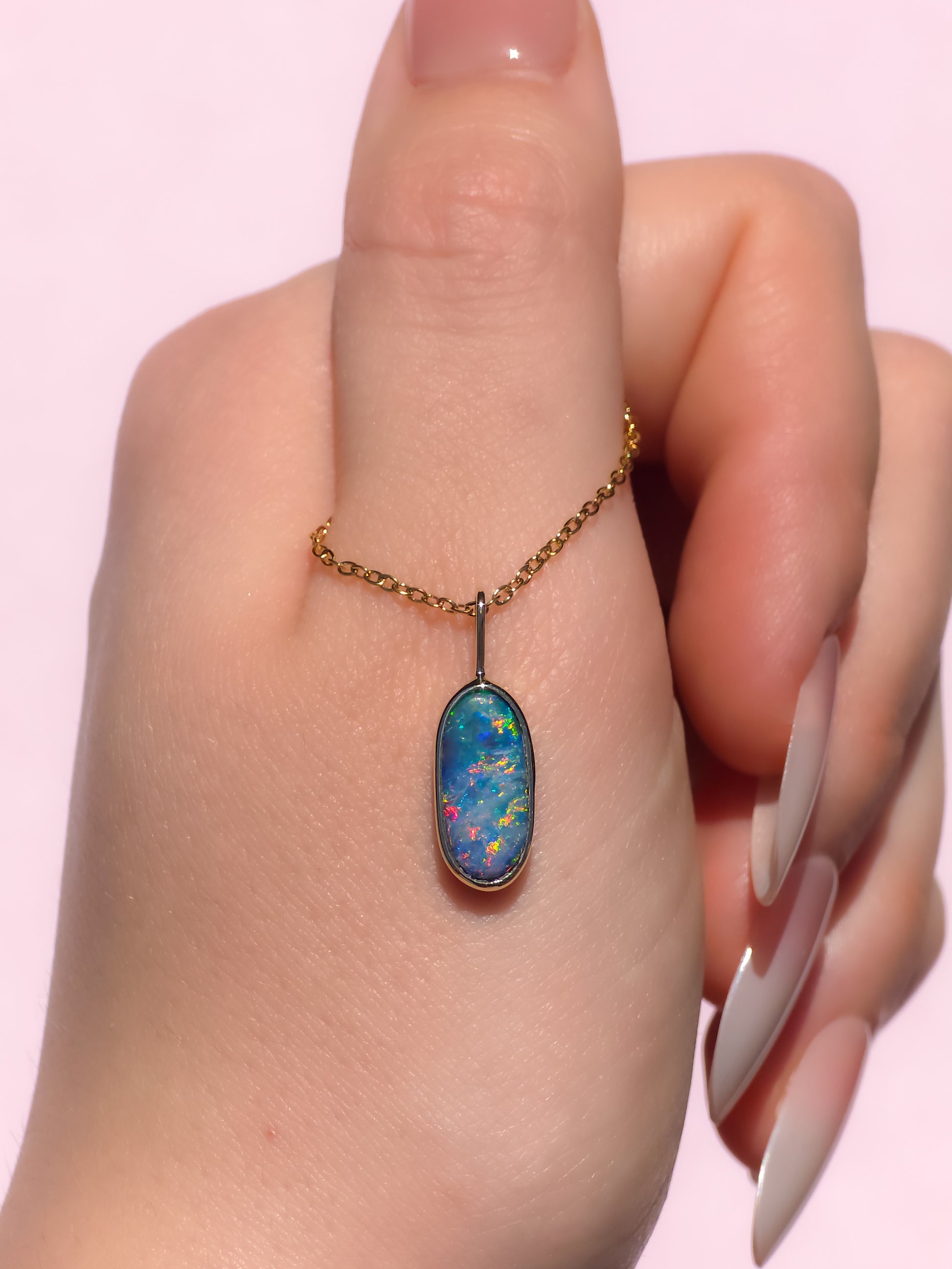 TULIP | 14K Gold Coober Pedy opal doublet necklace/ rainbow crystal opal/ minimalist jewelry