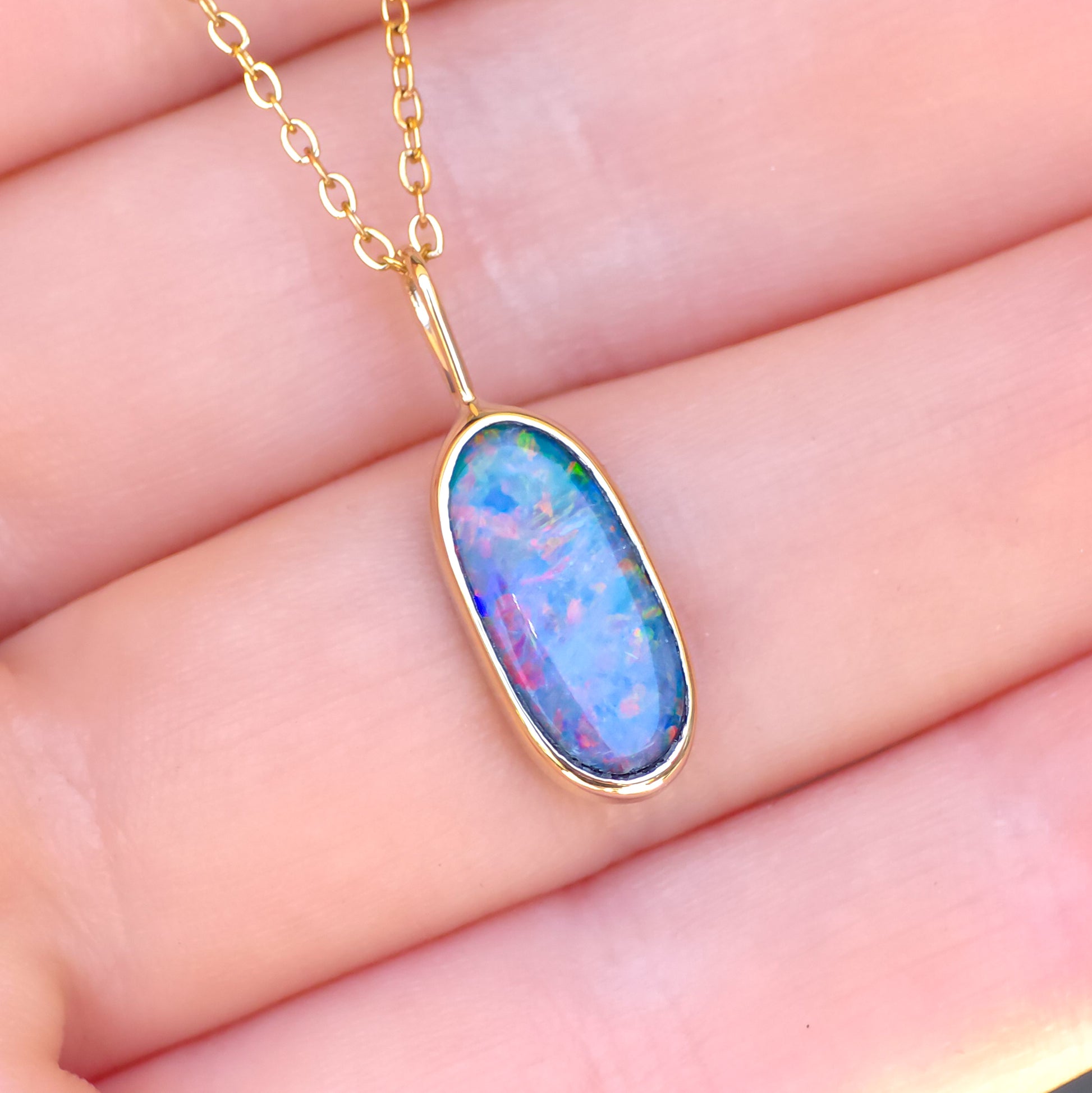 TULIP | 14K Gold Coober Pedy opal doublet necklace/ rainbow crystal opal/ minimalist jewelry