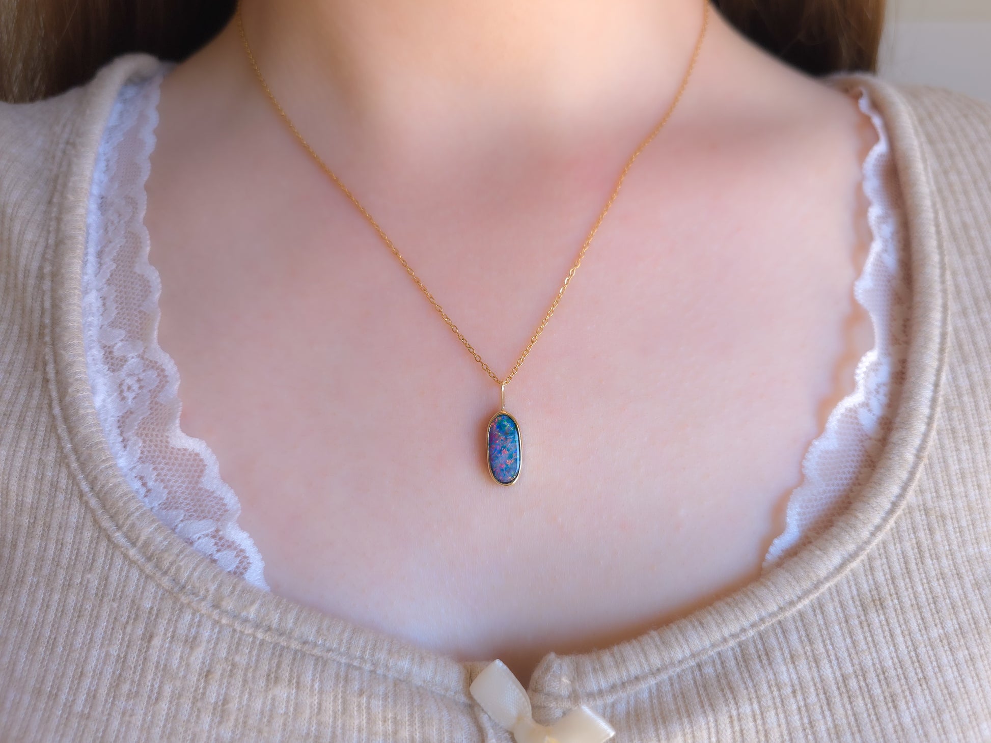 TULIP | 14K Gold Coober Pedy opal doublet necklace/ rainbow crystal opal/ minimalist jewelry