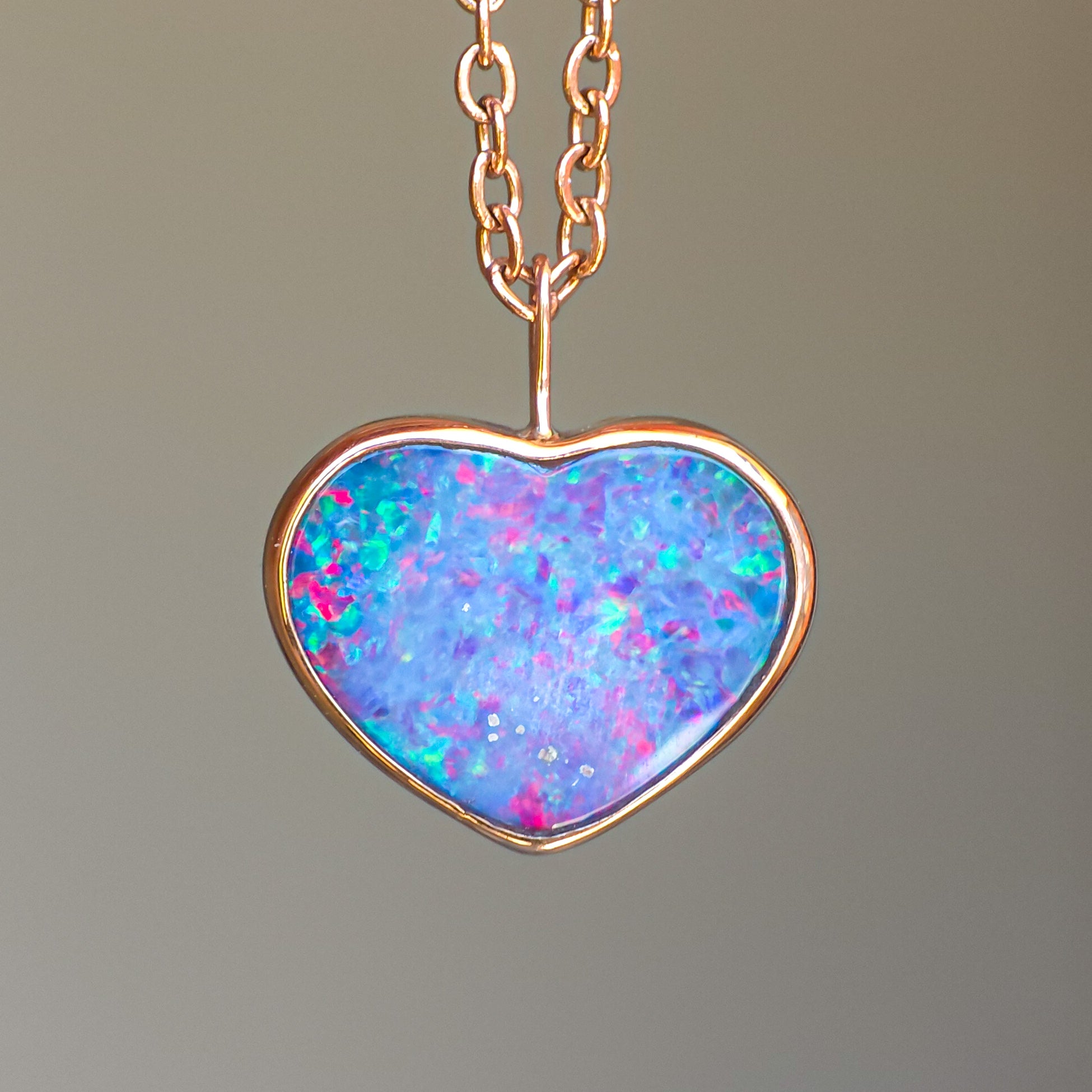 ROSE HEART | 14K Gold Coober Pedy opal doublet necklace/ heart opal pendant / pink heart