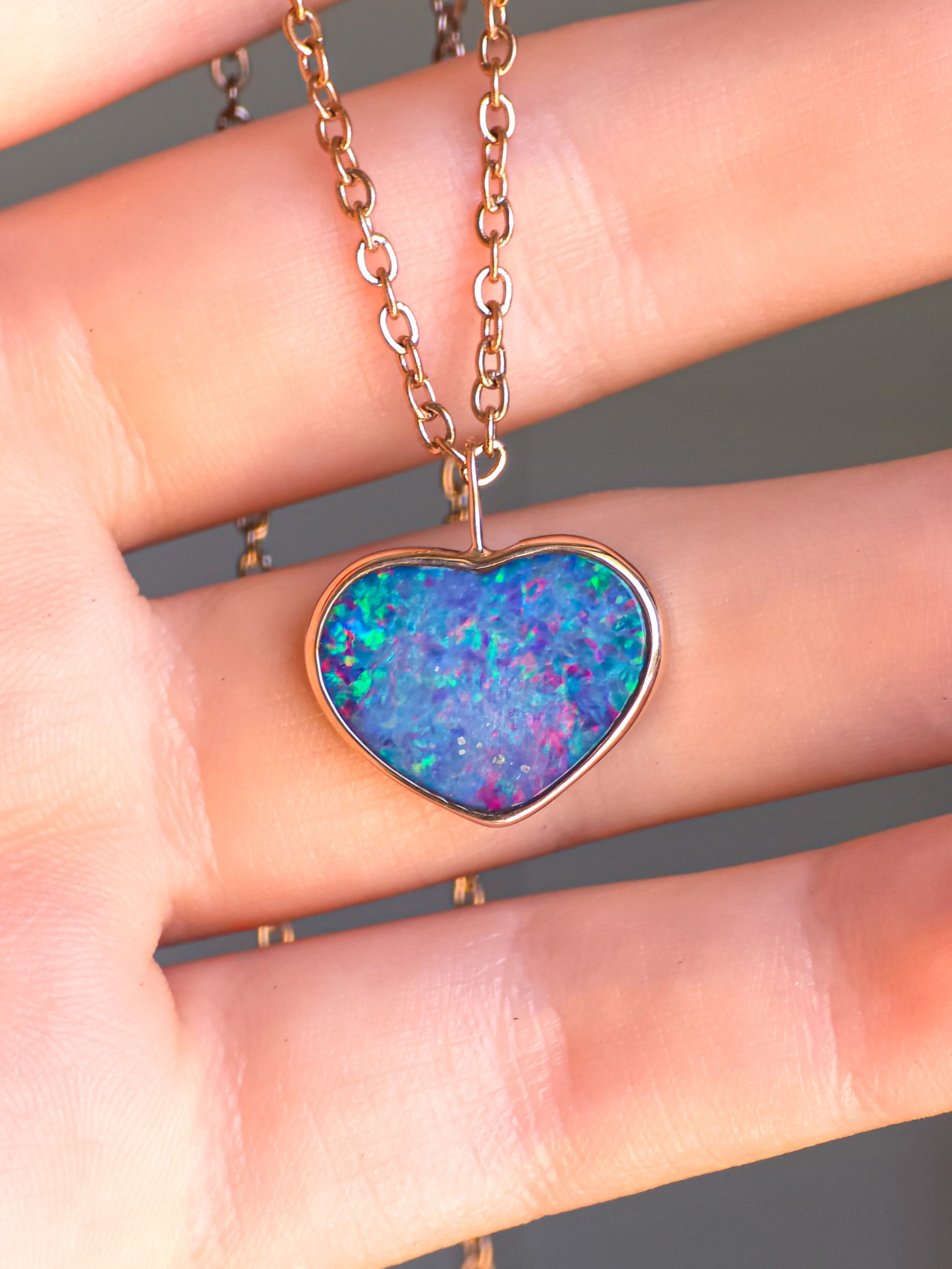 ROSE HEART | 14K Gold Coober Pedy opal doublet necklace/ heart opal pendant / pink heart